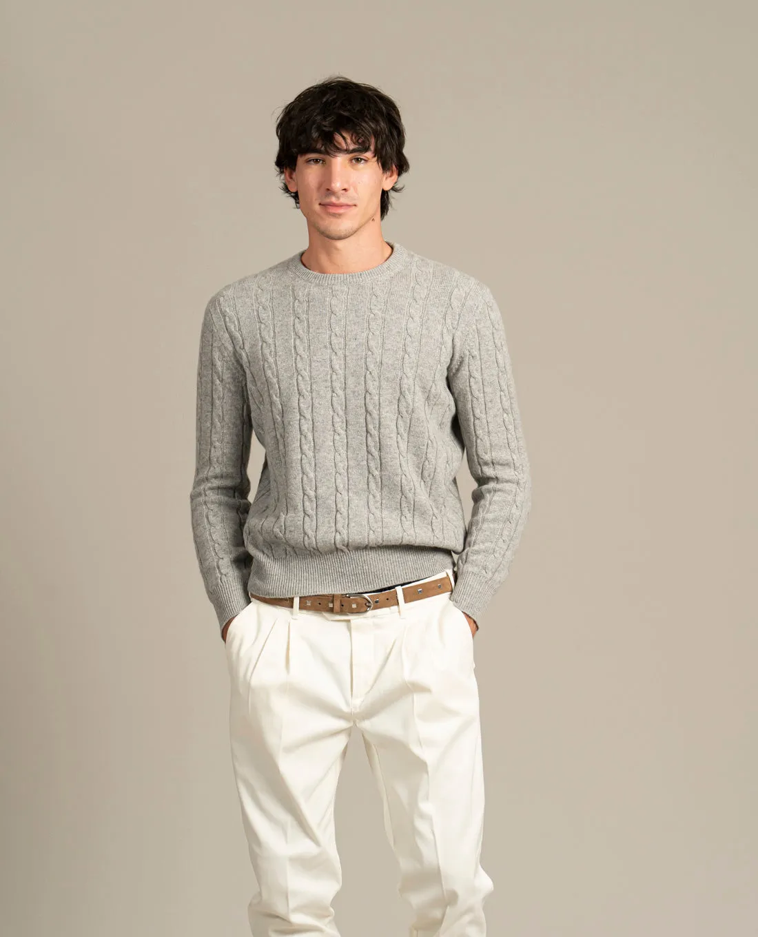 Pure Cashmere Cable Knit Sweater - Light Grey sold by Paolo Albizzati