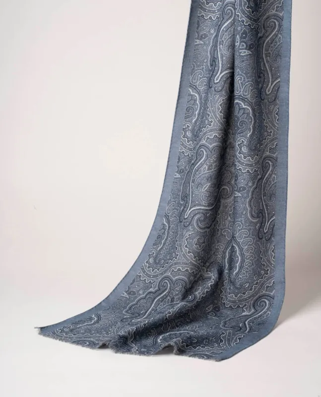 Wool Printed Scarf - Blue Modern Paisley sold by Paolo Albizzati