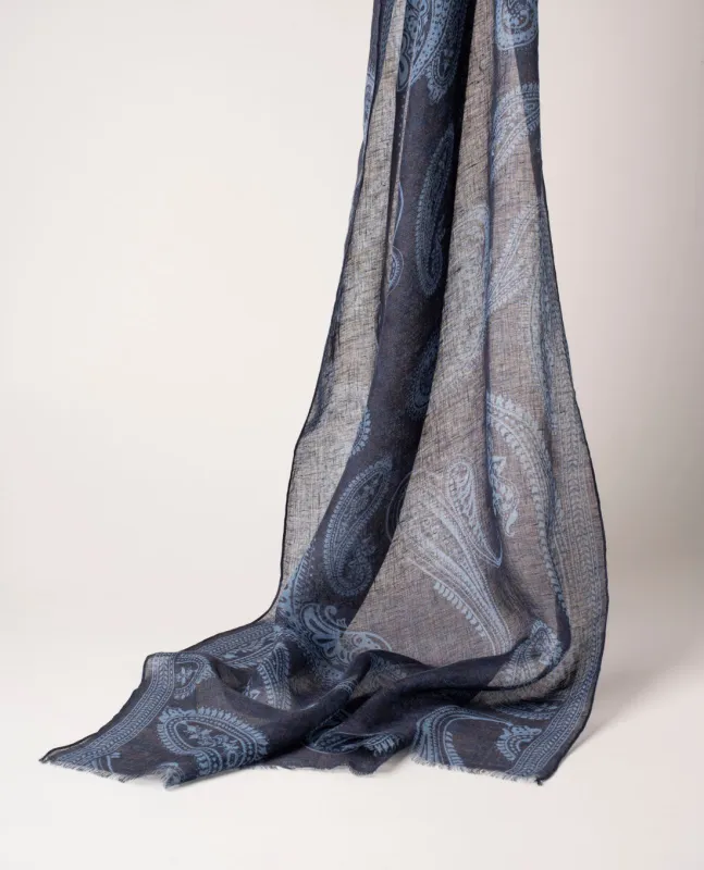 Linen Scarf - Navy Blue Mega Paisley Print made by Paolo Albizzati