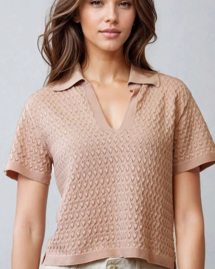 WANDA | Egyptian Cotton Pointelle knit Polo Shirt sold by ALLTRUEIST KNITWEAR
