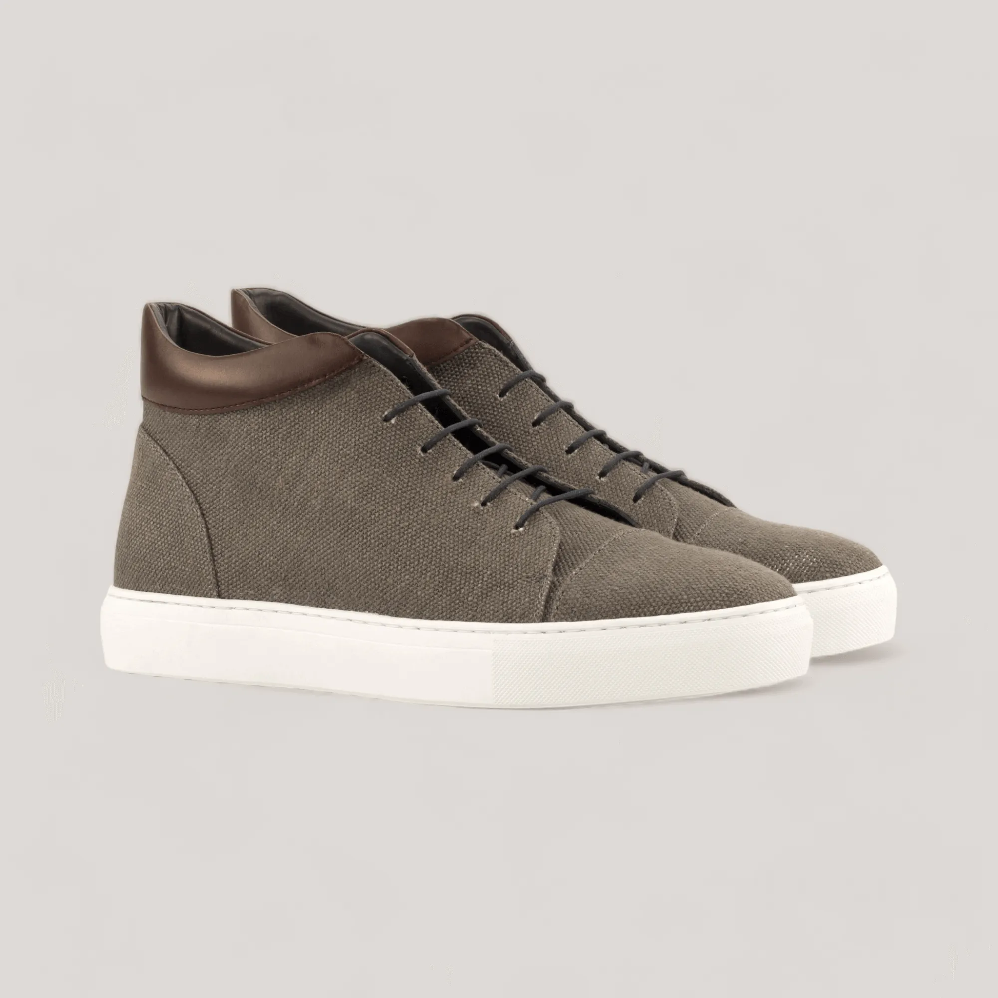 ZENITH | High Top Vegan Sneaker - Grey Linen & Dark Brown | Men's sold by ALLTRUEIST KNITWEAR