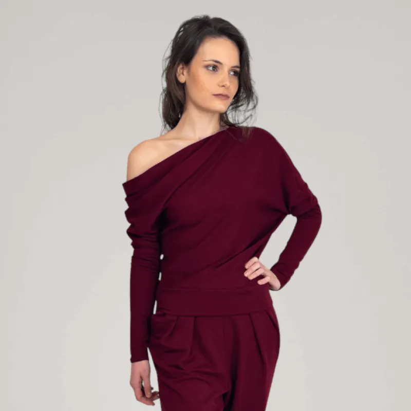 One-Shoulder Fine French Terry Sweater | Tourmaline sold by ALLTRUEIST KNITWEAR