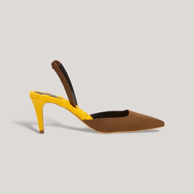 GABRIELLA | Yellow - Brown Satin Slingback Pumps made by AERA