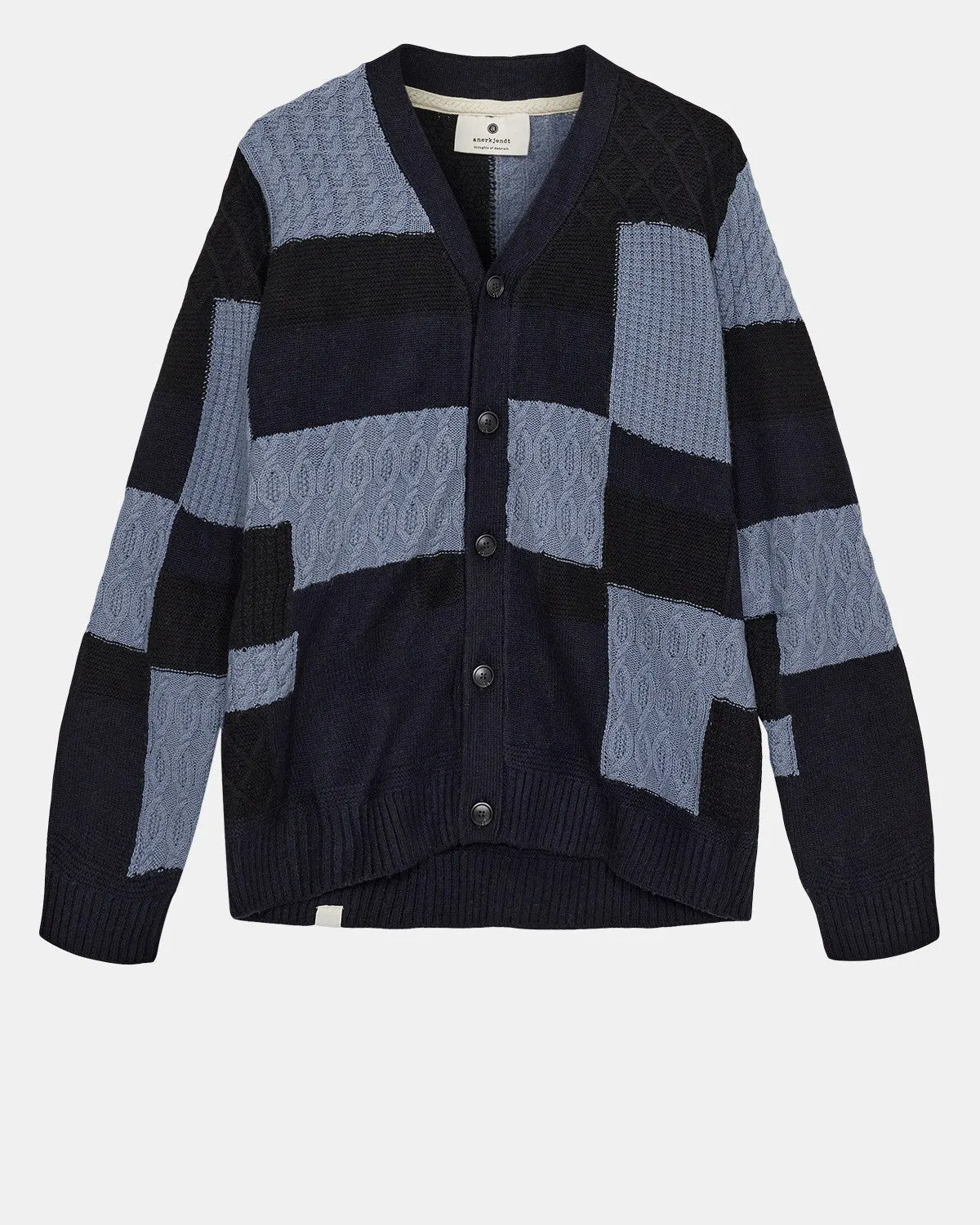 AKSKJOLD PATCHWORK CARDIGAN - Sky Captain sold by anerkjendt