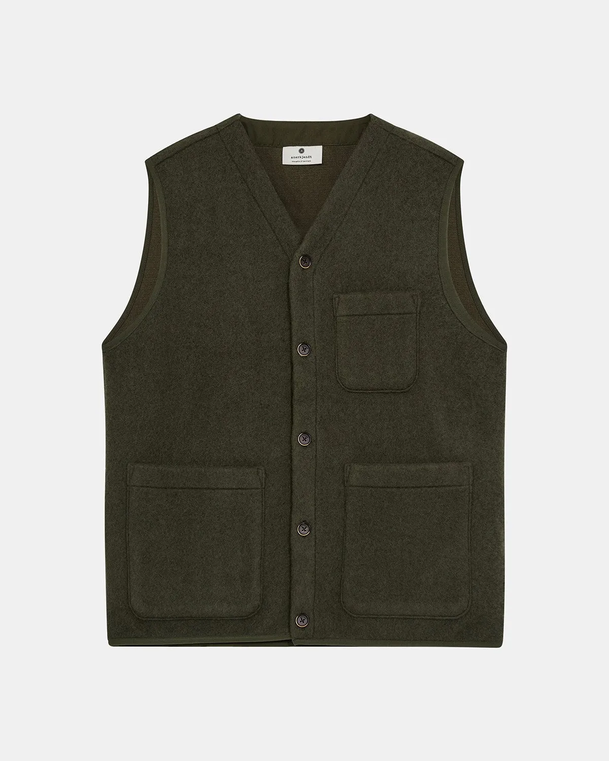 AKRASMUS BOILED WOOL GILET - Forest night sold by anerkjendt