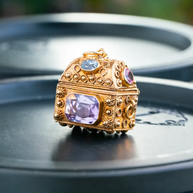 VINTAGE 18K YELLOW GOLD, PINK SAPPHIRE, AQUAMARINE AND AMETHYST TREASURE CHEST c.1960s sold by Stephanie Windsor