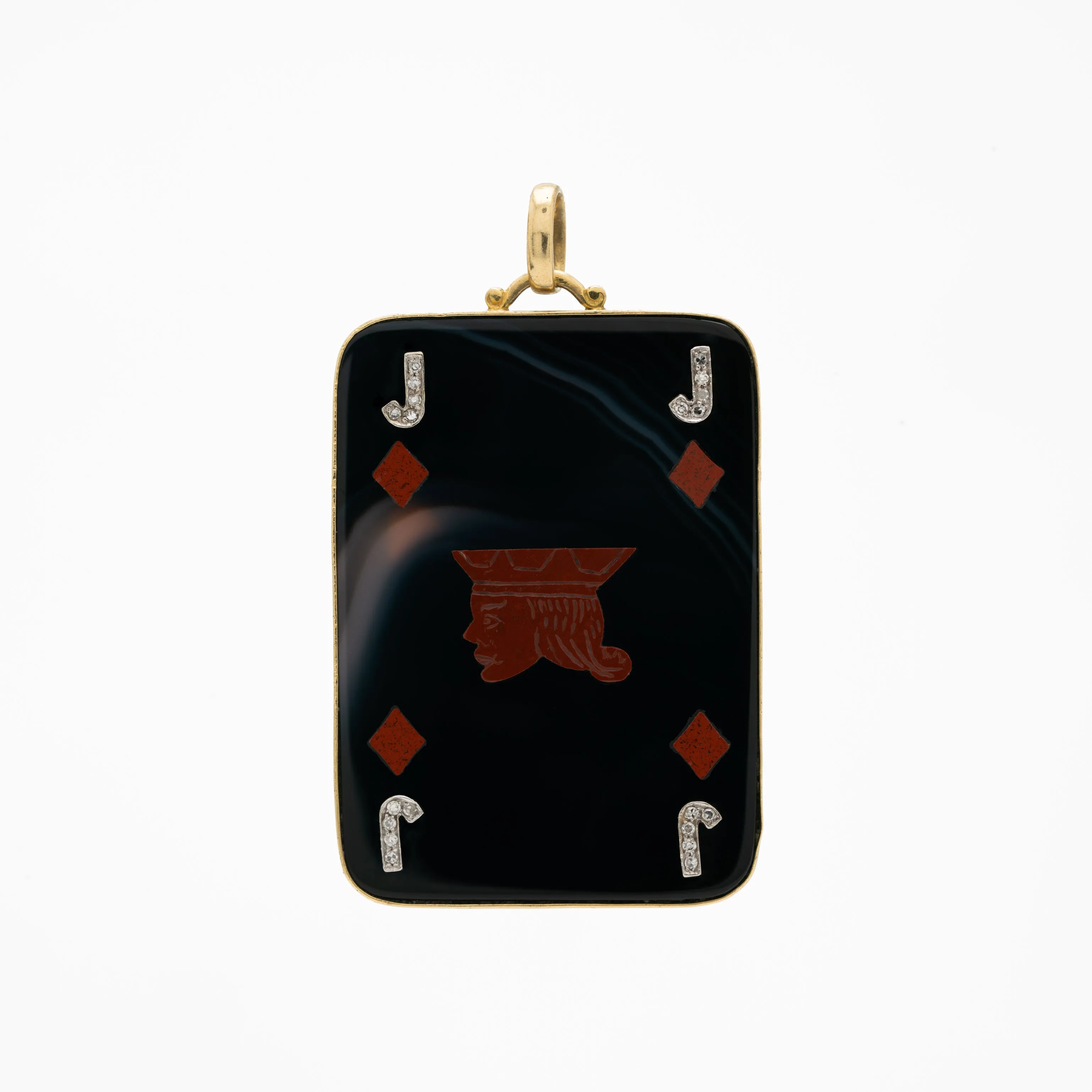 VINTAGE 18K YELLOW GOLD, AGATE, CARNELIAN AND DIAMOND JACK OF DIAMONDS PENDANT c.1970s sold by Stephanie Windsor product image thumbnail 2