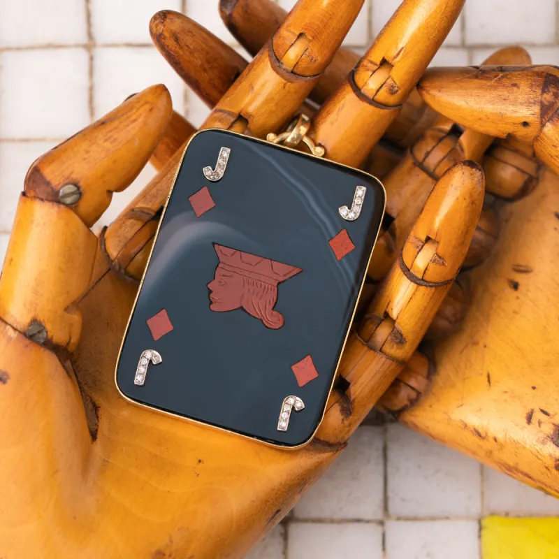 VINTAGE 18K YELLOW GOLD, AGATE, CARNELIAN AND DIAMOND JACK OF DIAMONDS PENDANT c.1970s sold by Stephanie Windsor