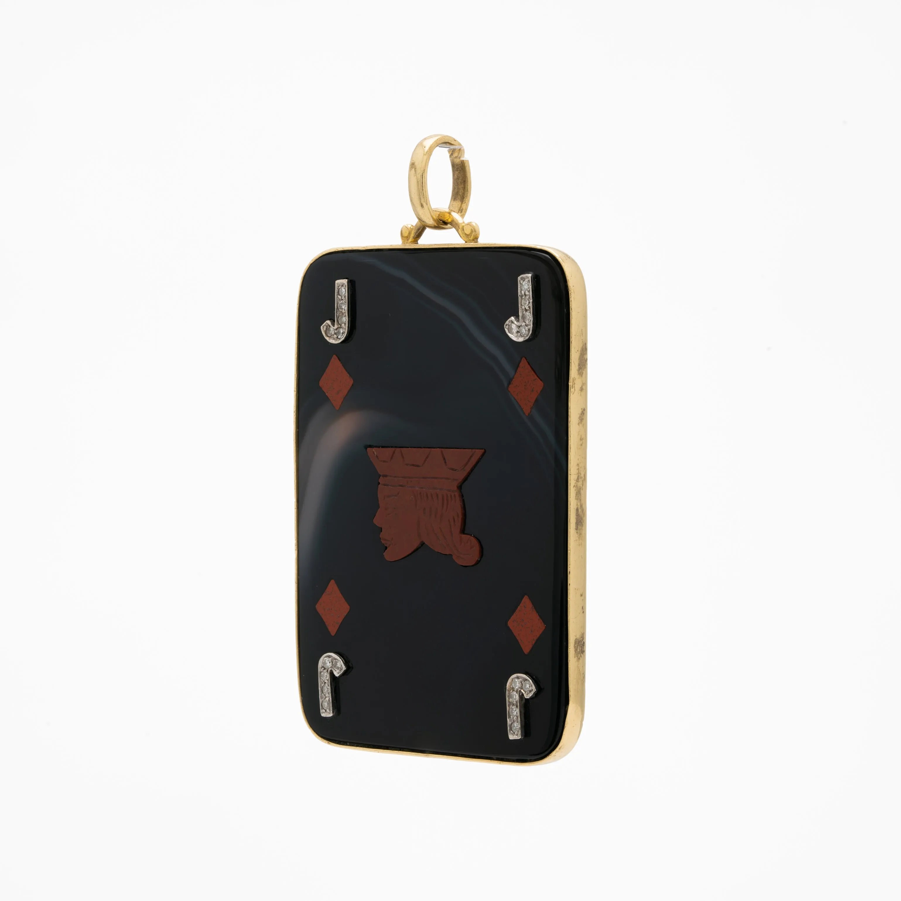 VINTAGE 18K YELLOW GOLD, AGATE, CARNELIAN AND DIAMOND JACK OF DIAMONDS PENDANT c.1970s sold by Stephanie Windsor product image thumbnail 3