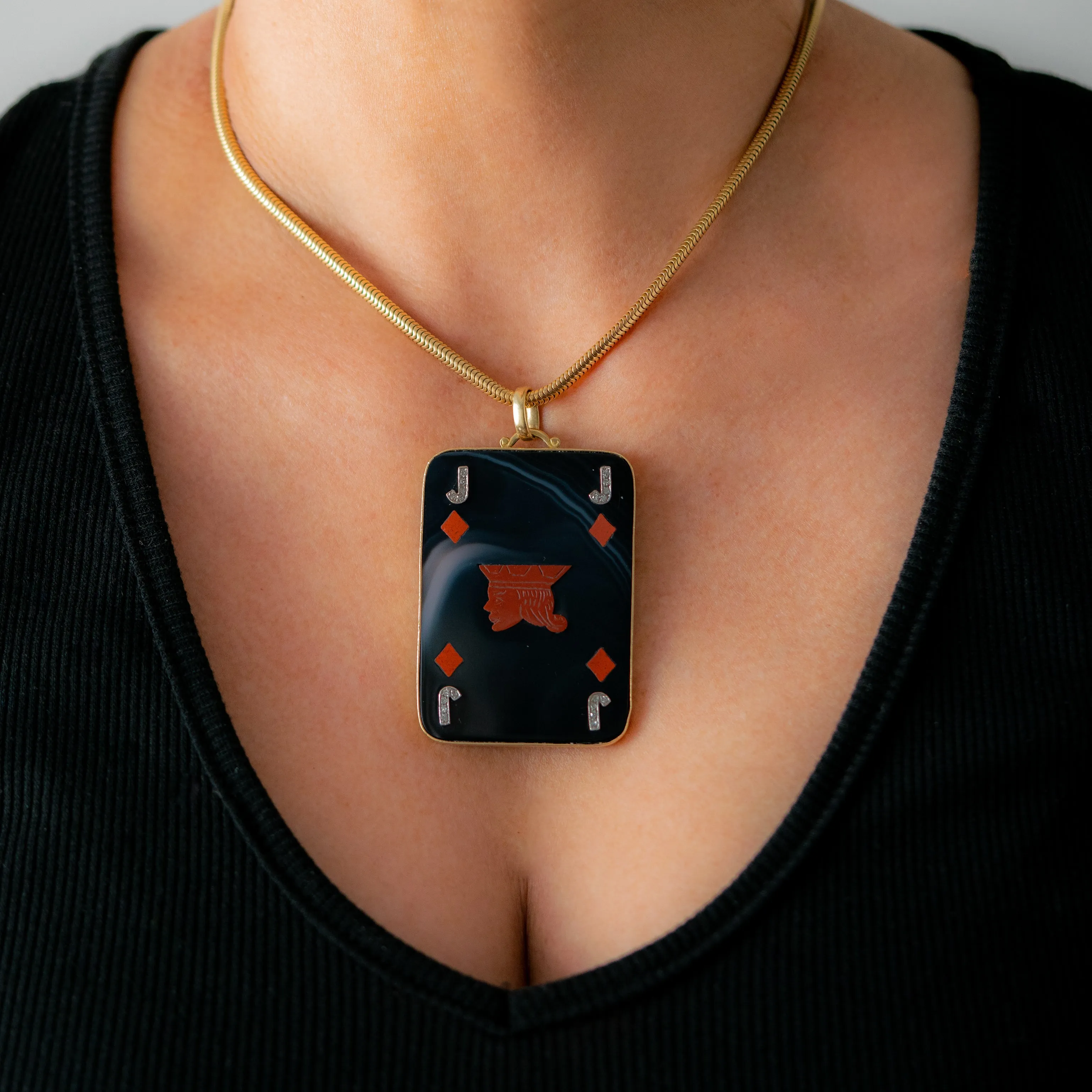VINTAGE 18K YELLOW GOLD, AGATE, CARNELIAN AND DIAMOND JACK OF DIAMONDS PENDANT c.1970s sold by Stephanie Windsor product image thumbnail 5