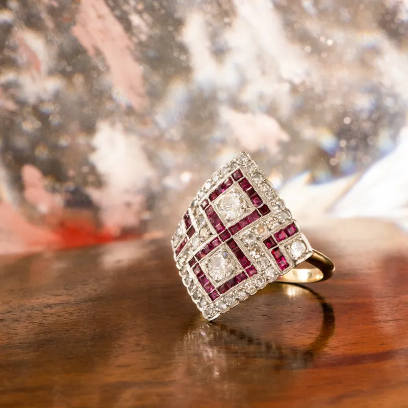PLATINUM, YELLOW GOLD, DIAMOND AND RUBY EDWARDIAN RING c.1910 sold by Stephanie Windsor