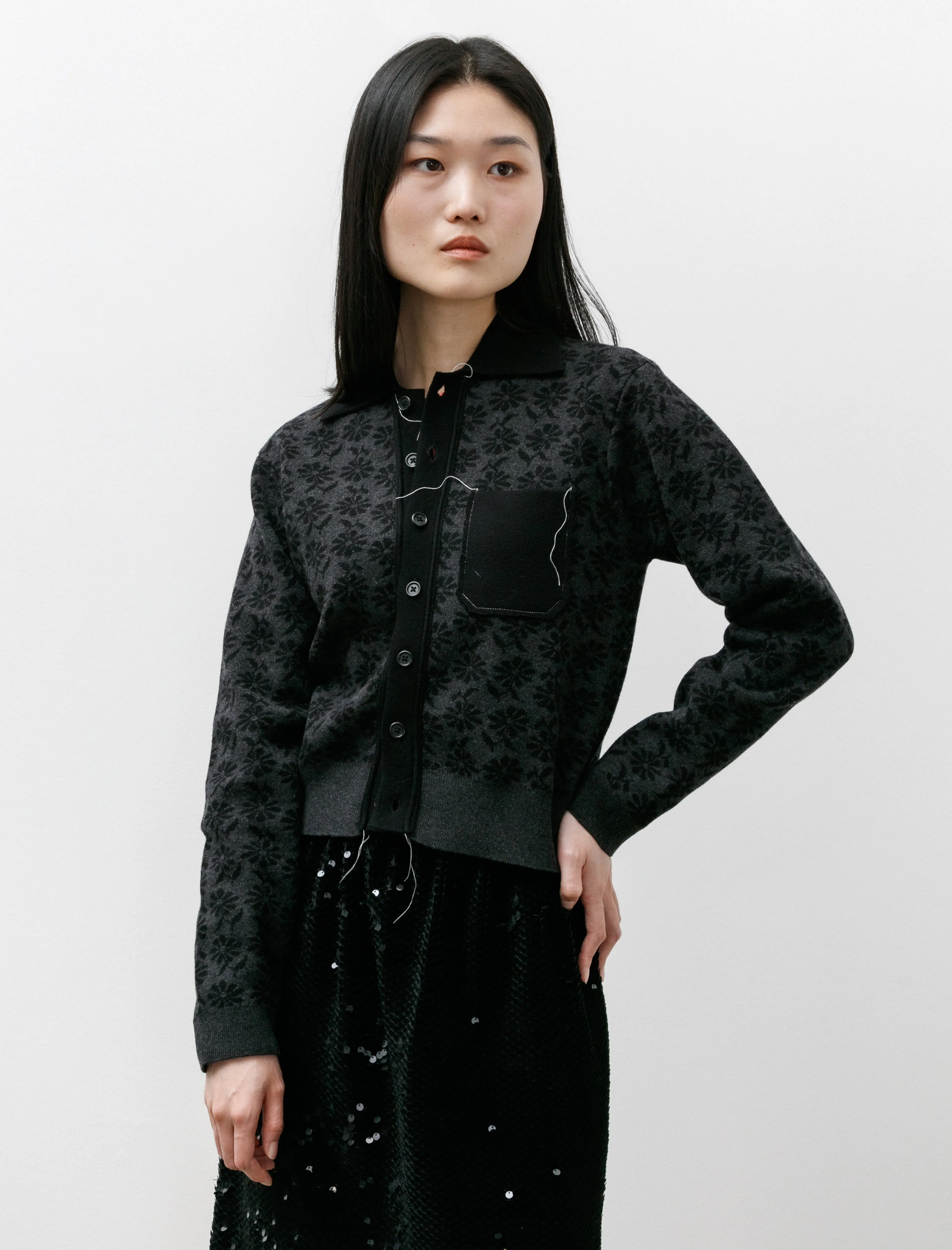 Fitted 70s Cardigan Floral Grey/Black sold by SHOP NEIGHBOR