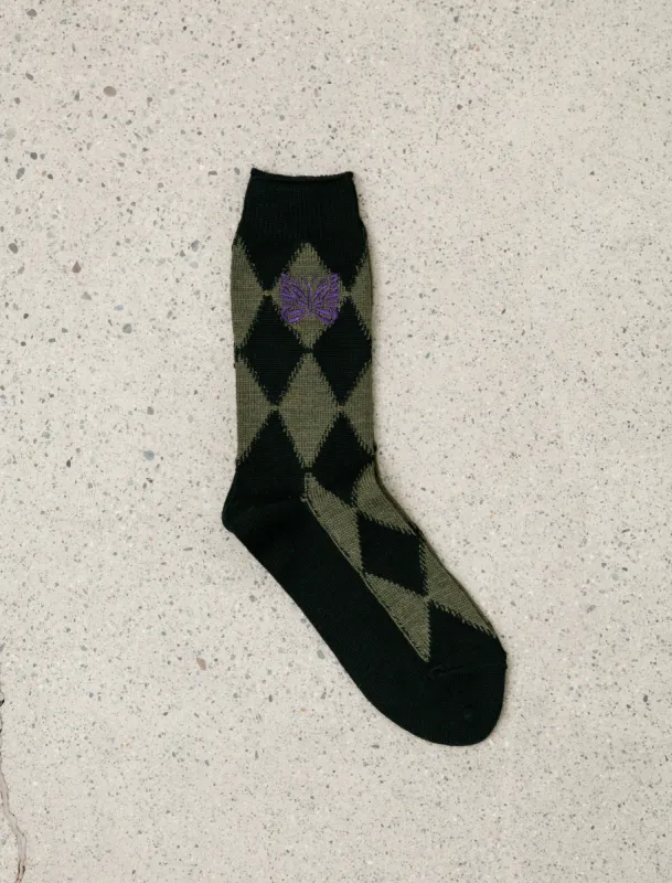 Argyle Jacquard Socks Olive made by Needles Womens