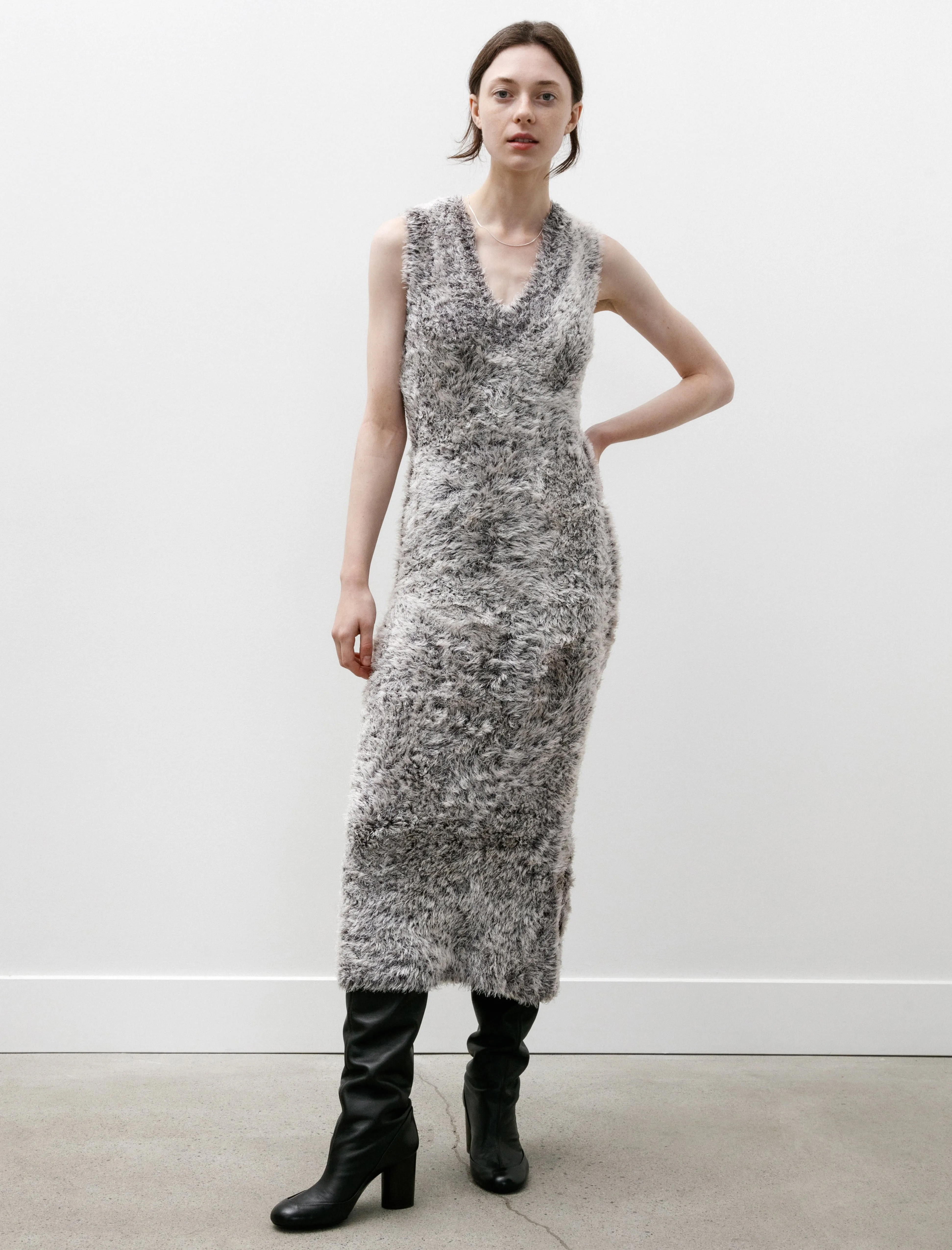 Silk Fur V-Neck Dress White/Black sold by SHOP NEIGHBOR