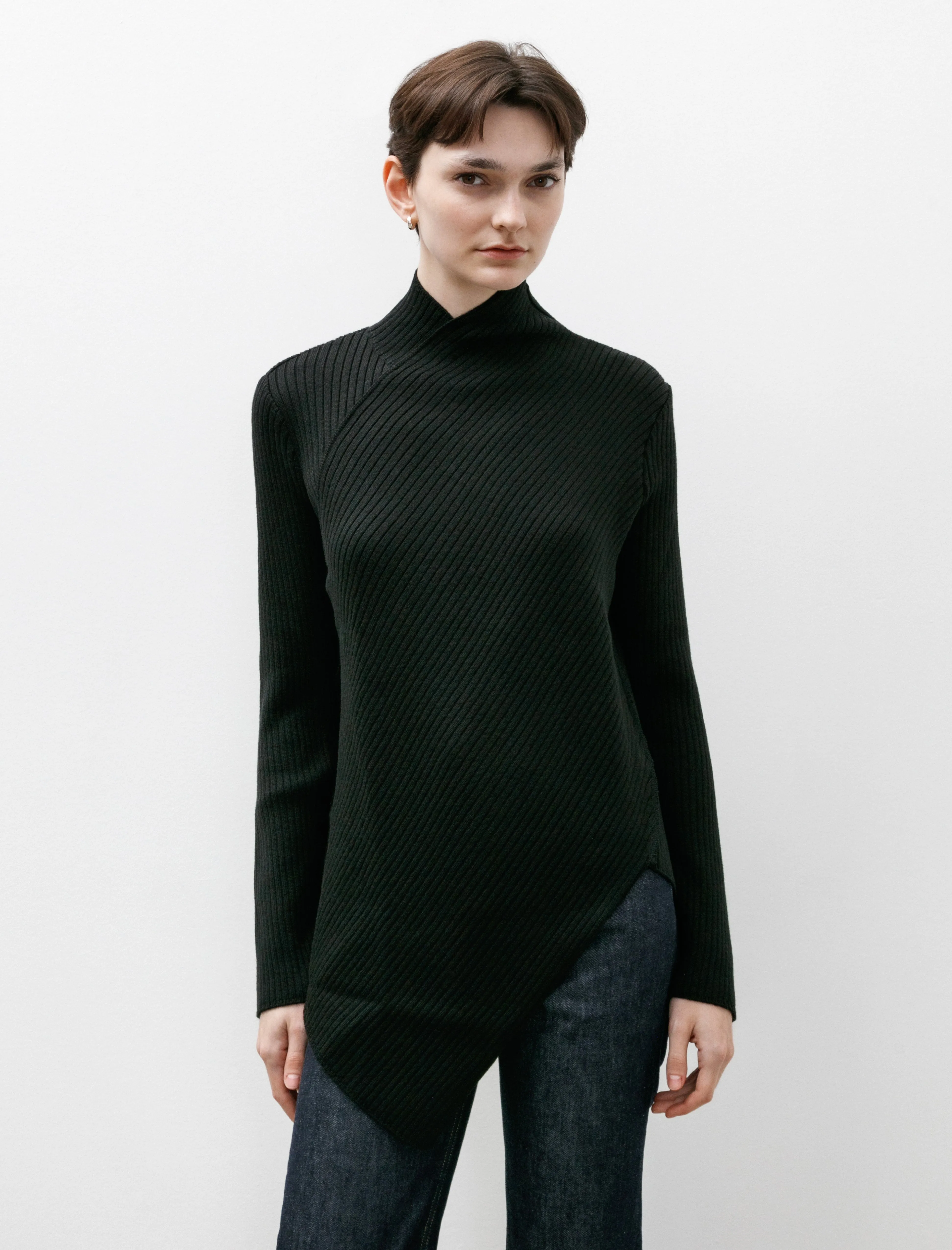 Asymmetrical Rib Knit Mockneck Black sold by SHOP NEIGHBOR