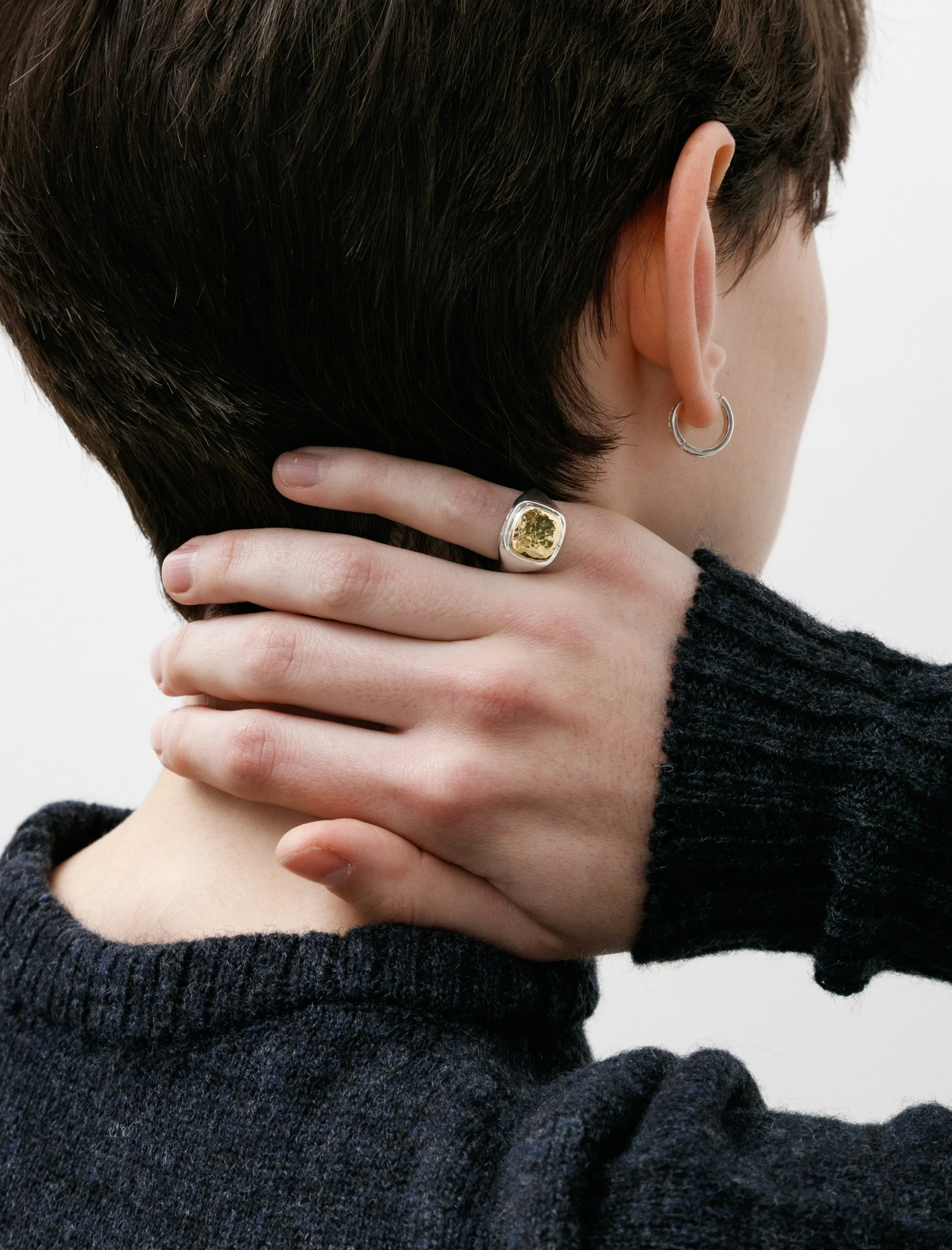 Mini Cushion Signet Ring W Hammered Silver Yellow Gold sold by SHOP NEIGHBOR