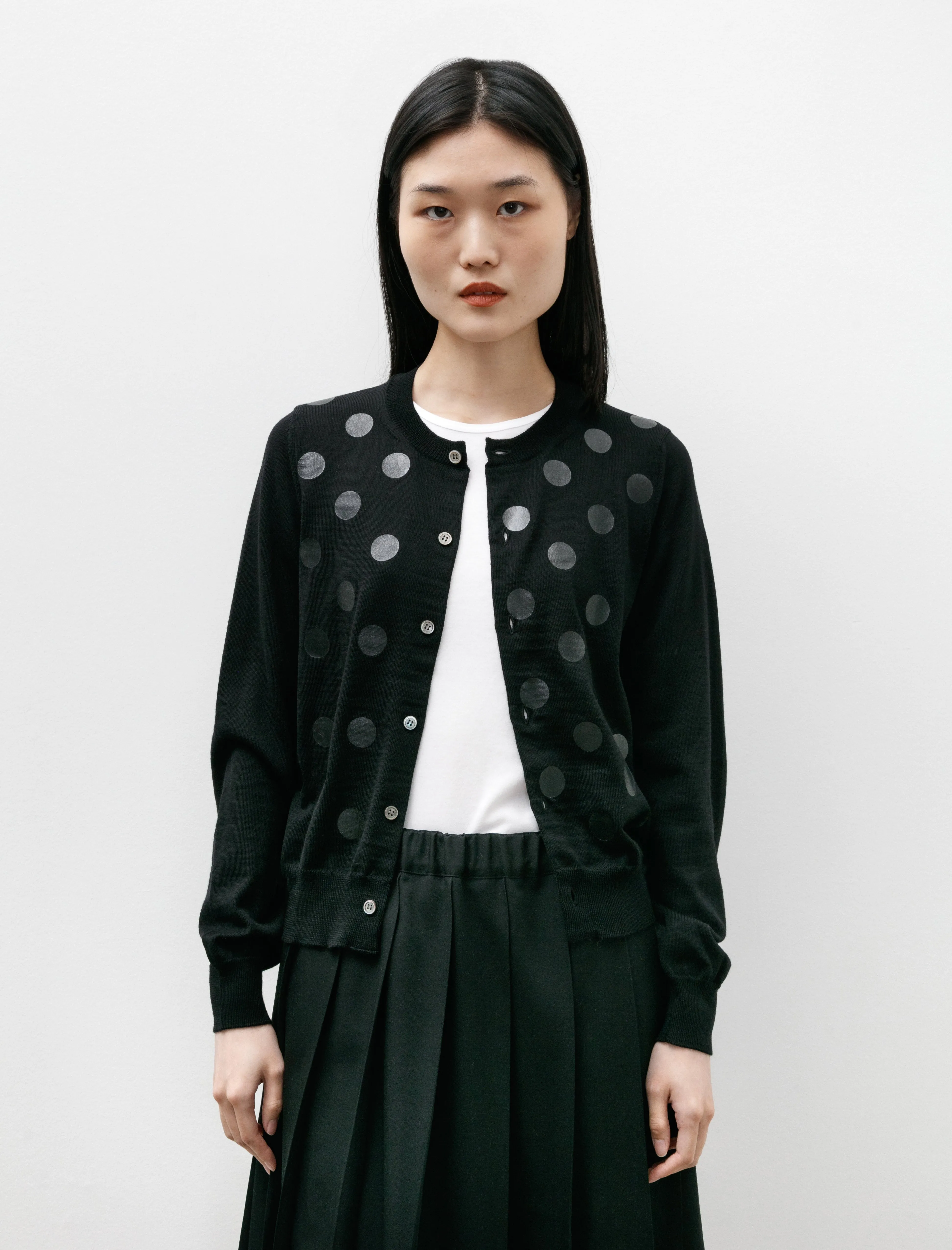 Laminated Dot Cardigan Black sold by SHOP NEIGHBOR