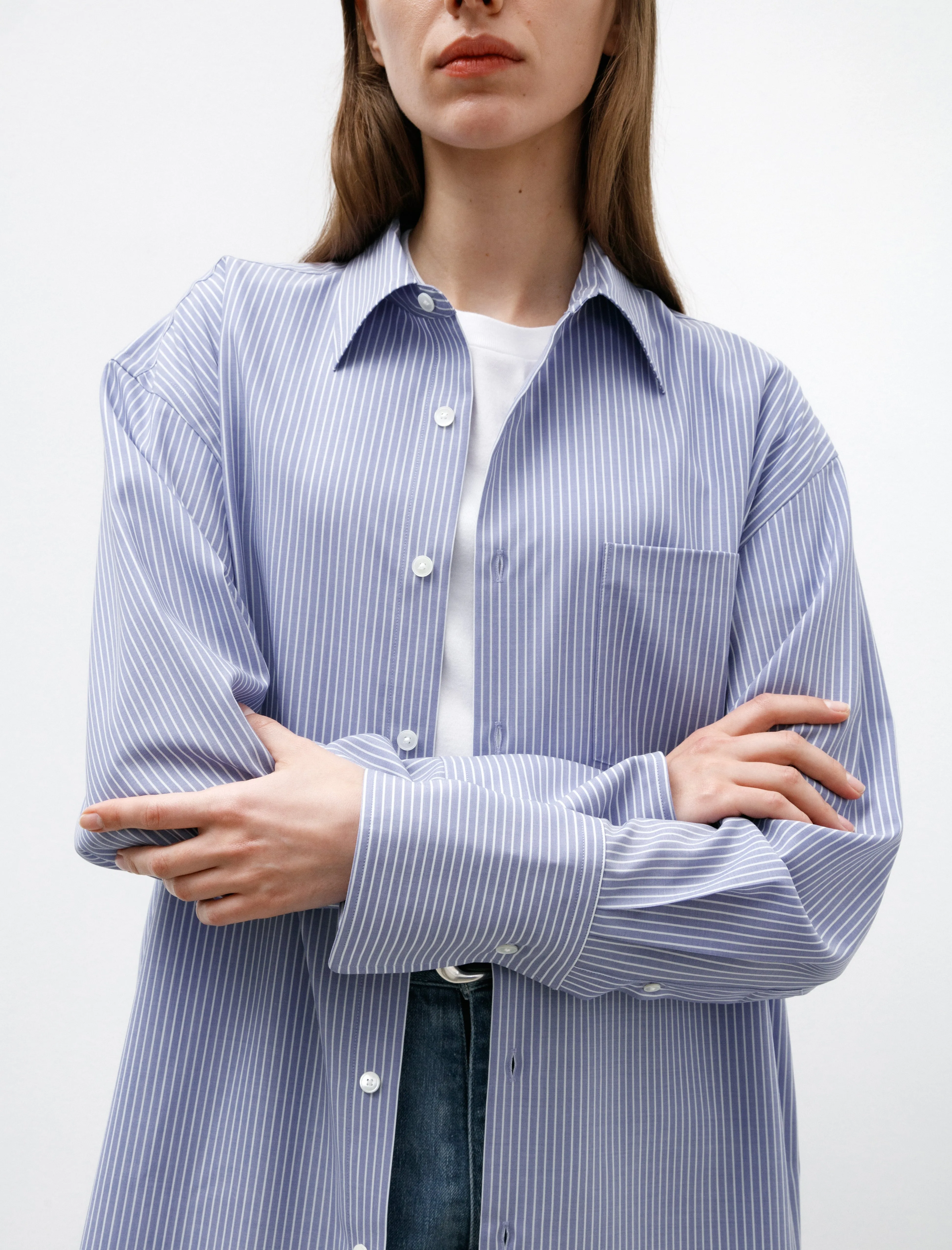 Super Fine Wool Stripe Shirt Sax Blue sold by SHOP NEIGHBOR product image thumbnail 3
