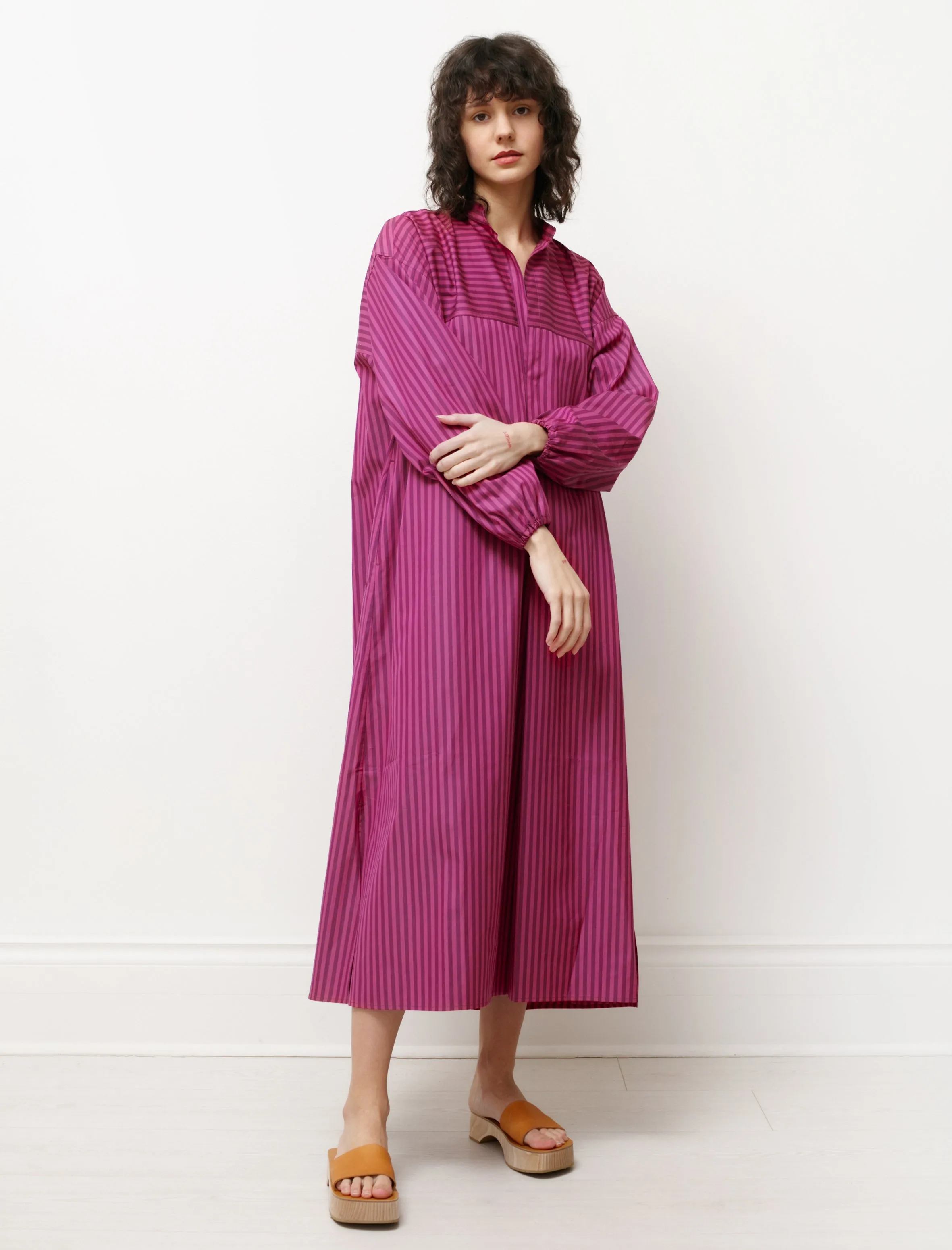 Shirt Dress with Gathered Sleeves Striped Pink sold by SHOP NEIGHBOR