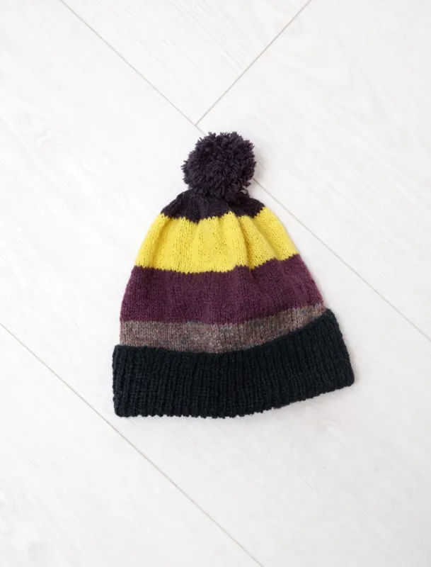 Fine Handknit Hat Bold Stripe Plum/Lemon made by SHOP NEIGHBOR