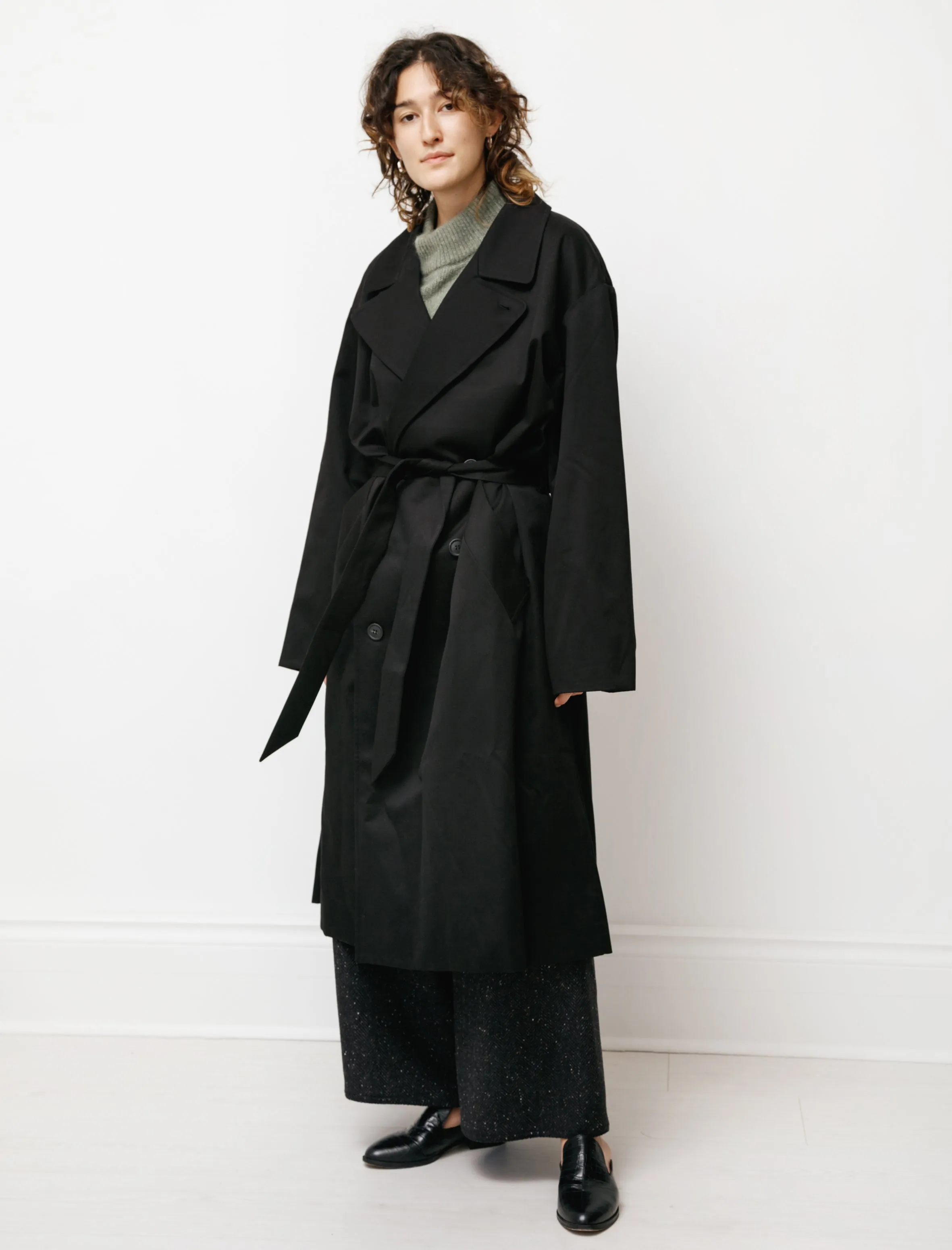 Double Breasted Trench with Leather Patch Black sold by SHOP NEIGHBOR