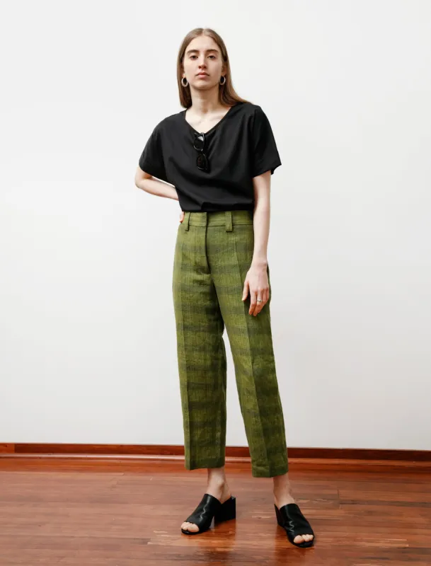 Linen/Cotton Check Trousers Green/Grey made by SHOP NEIGHBOR