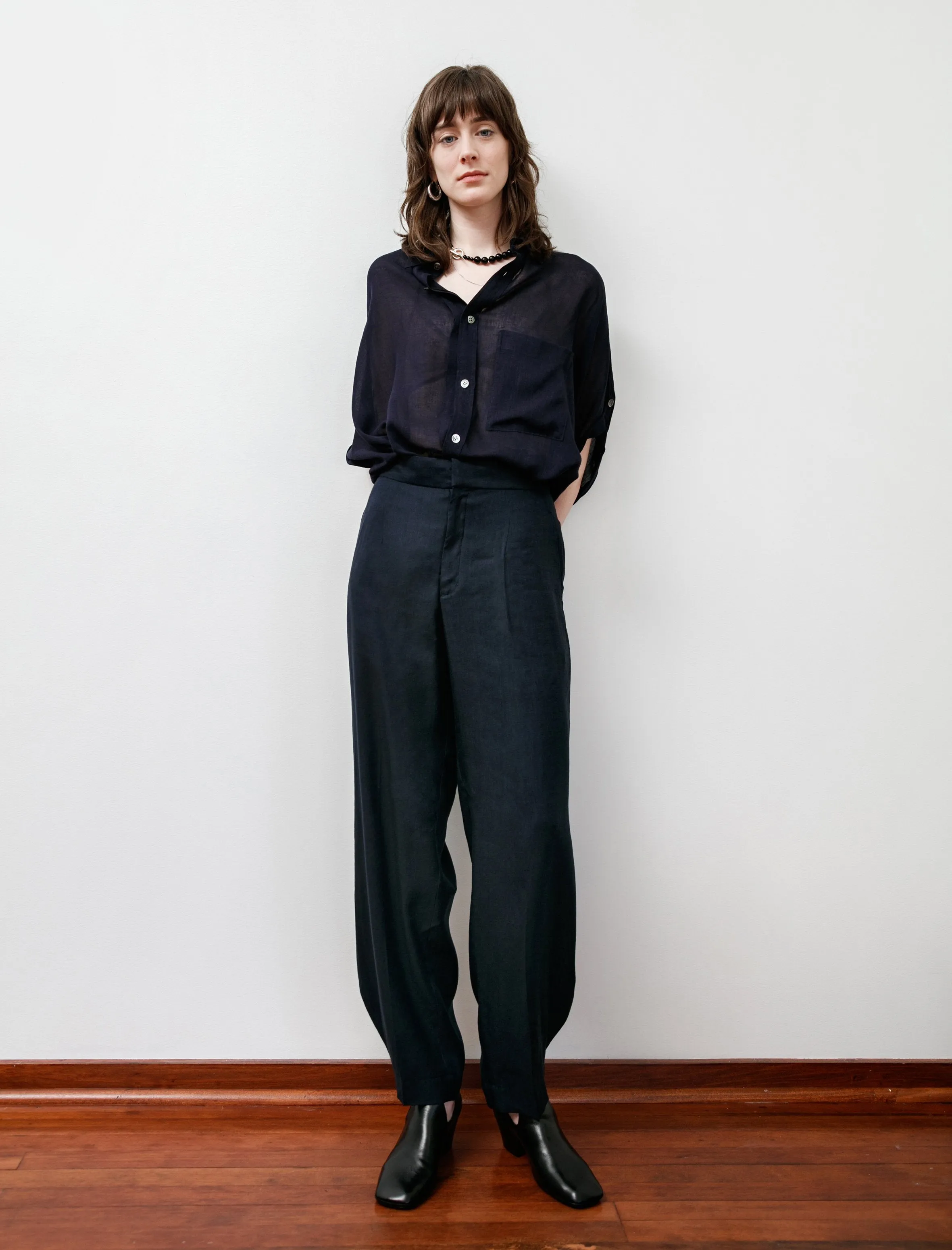 Rounded Hem Linen Trousers Navy sold by SHOP NEIGHBOR