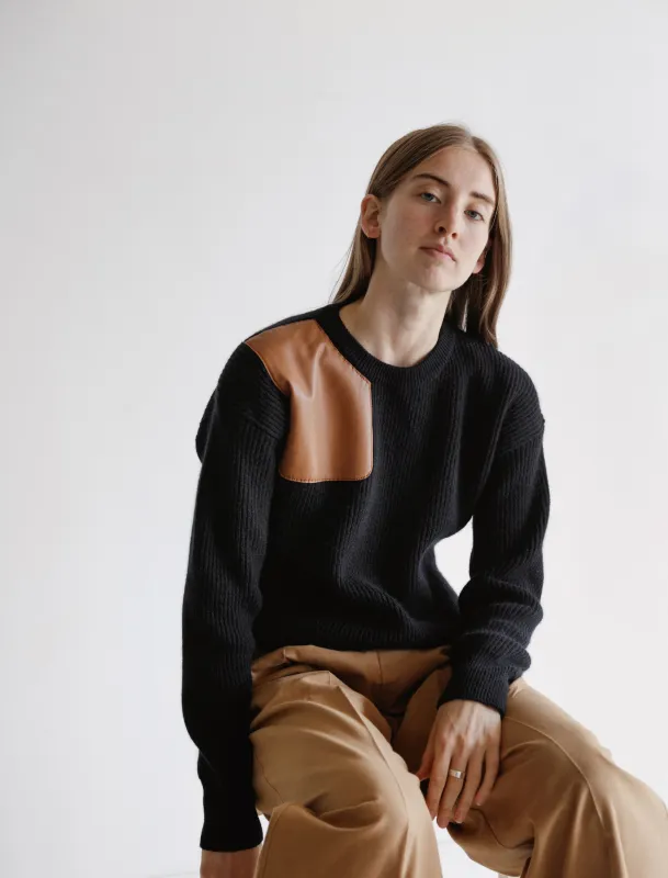 Shoulder Patch Sweater Navy made by SHOP NEIGHBOR