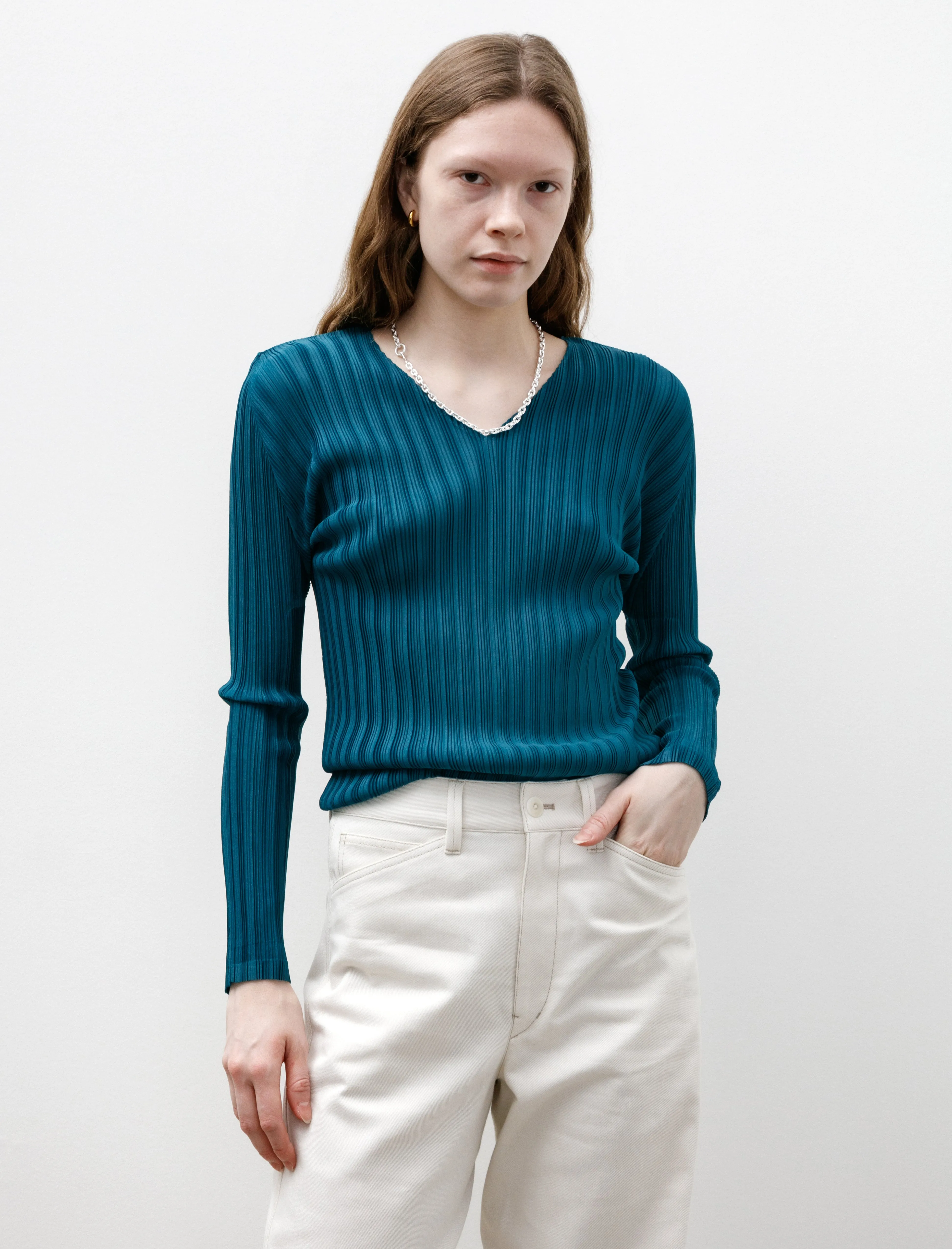 Rib Pleats V-Neck Blue Green sold by SHOP NEIGHBOR