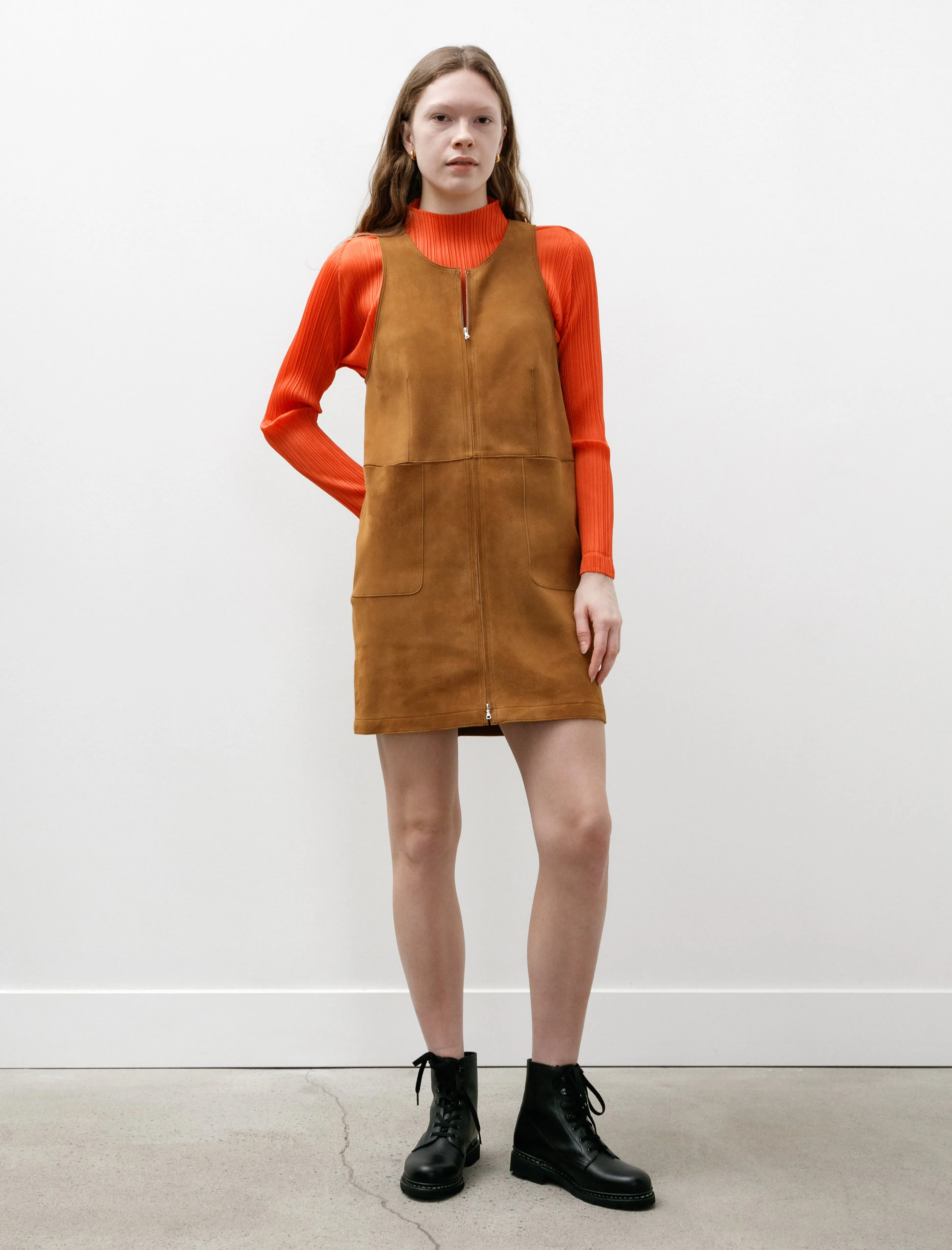 Lamb Leather Suede Zip Mini Dress Camel sold by SHOP NEIGHBOR