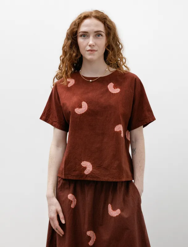 Koboushi Shibori Smile Cotton Gingham Woven T-Shirt Bordeaux/Red sold by SHOP NEIGHBOR