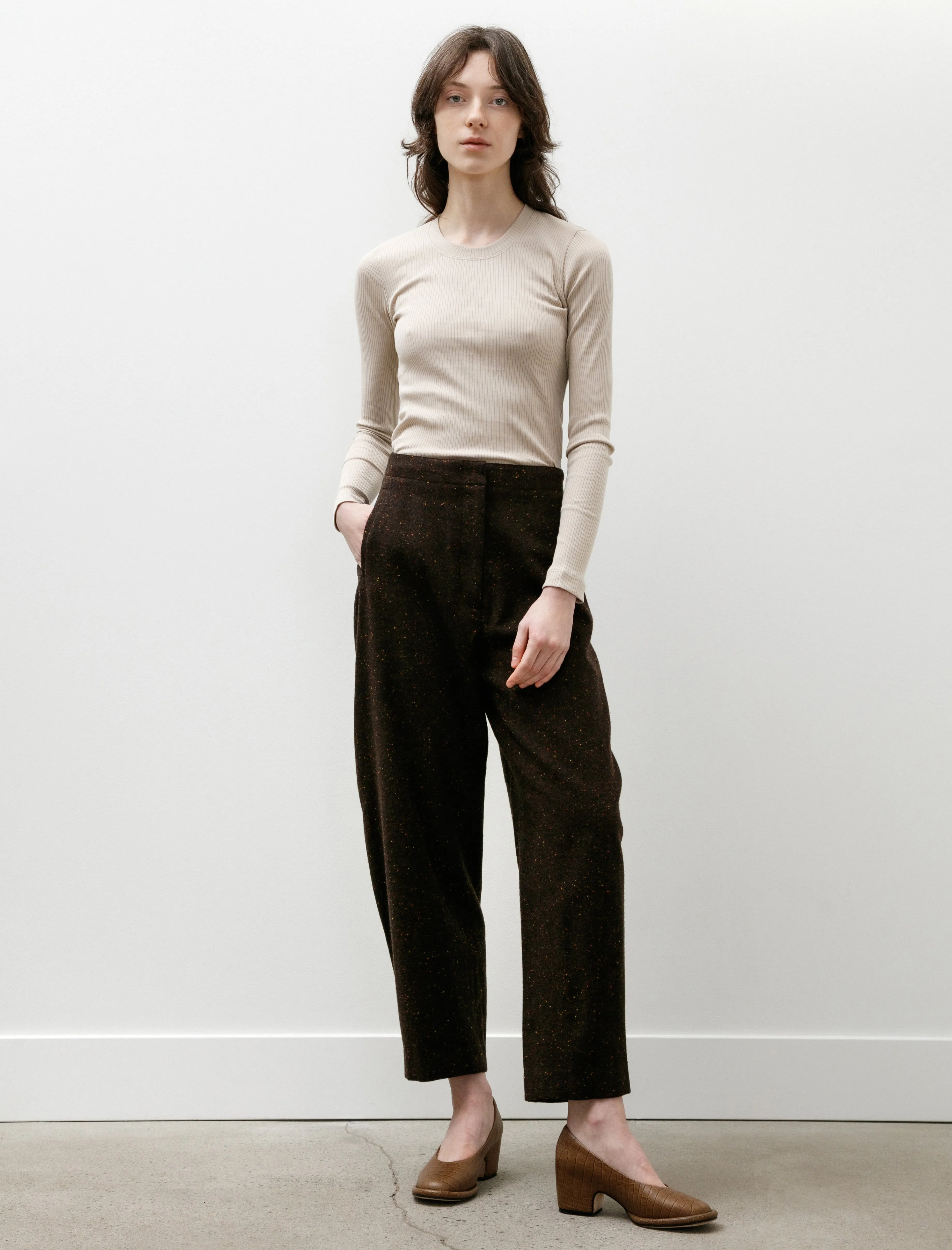 Colour Nep Curve Pants Brown sold by SHOP NEIGHBOR