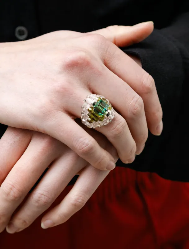 Needles x Tie A Knot Square Crystal Beads Ring Green/Clear made by Needles Womens