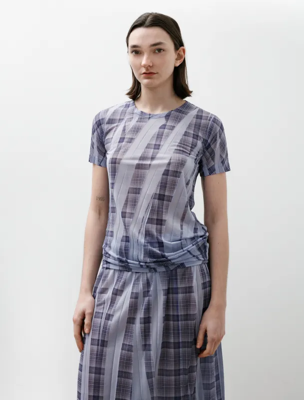 Side Drape Printed Plaid T-Shirt Light Blue made by SHOP NEIGHBOR