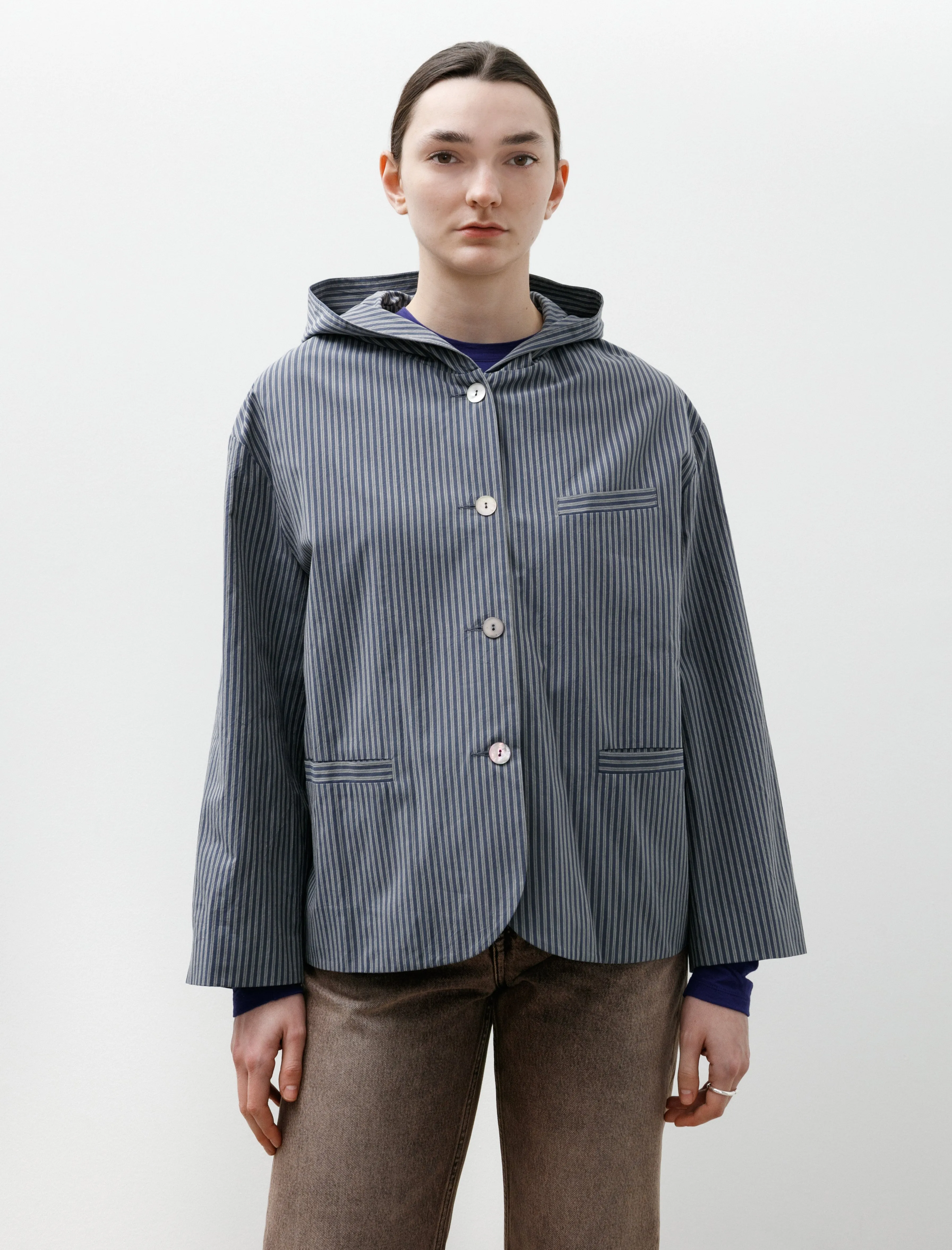 Japanese Typewriter Cotton Rory Hooded Shirt Navy/Camel Stripe sold by SHOP NEIGHBOR