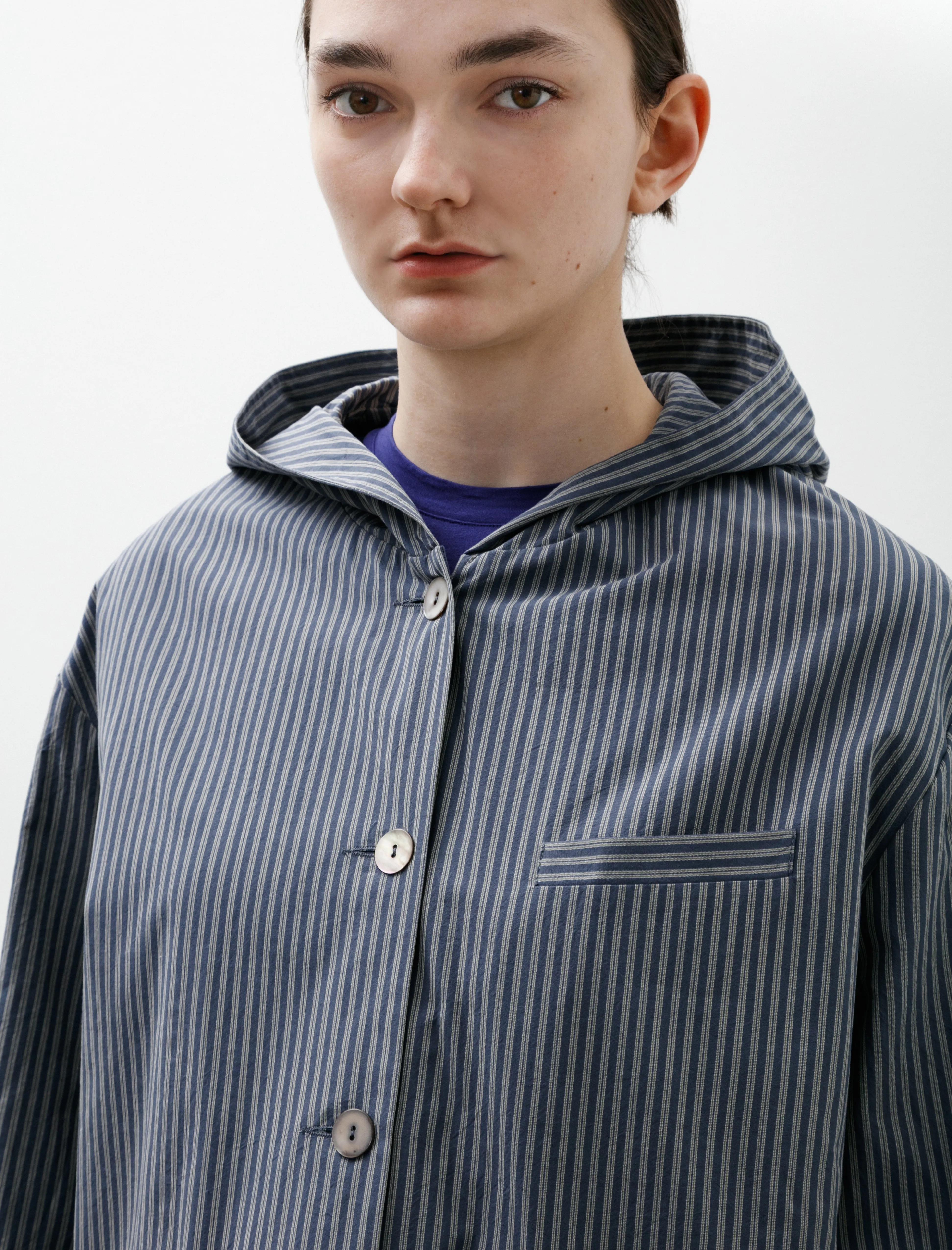Japanese Typewriter Cotton Rory Hooded Shirt Navy/Camel Stripe sold by SHOP NEIGHBOR product image thumbnail 2