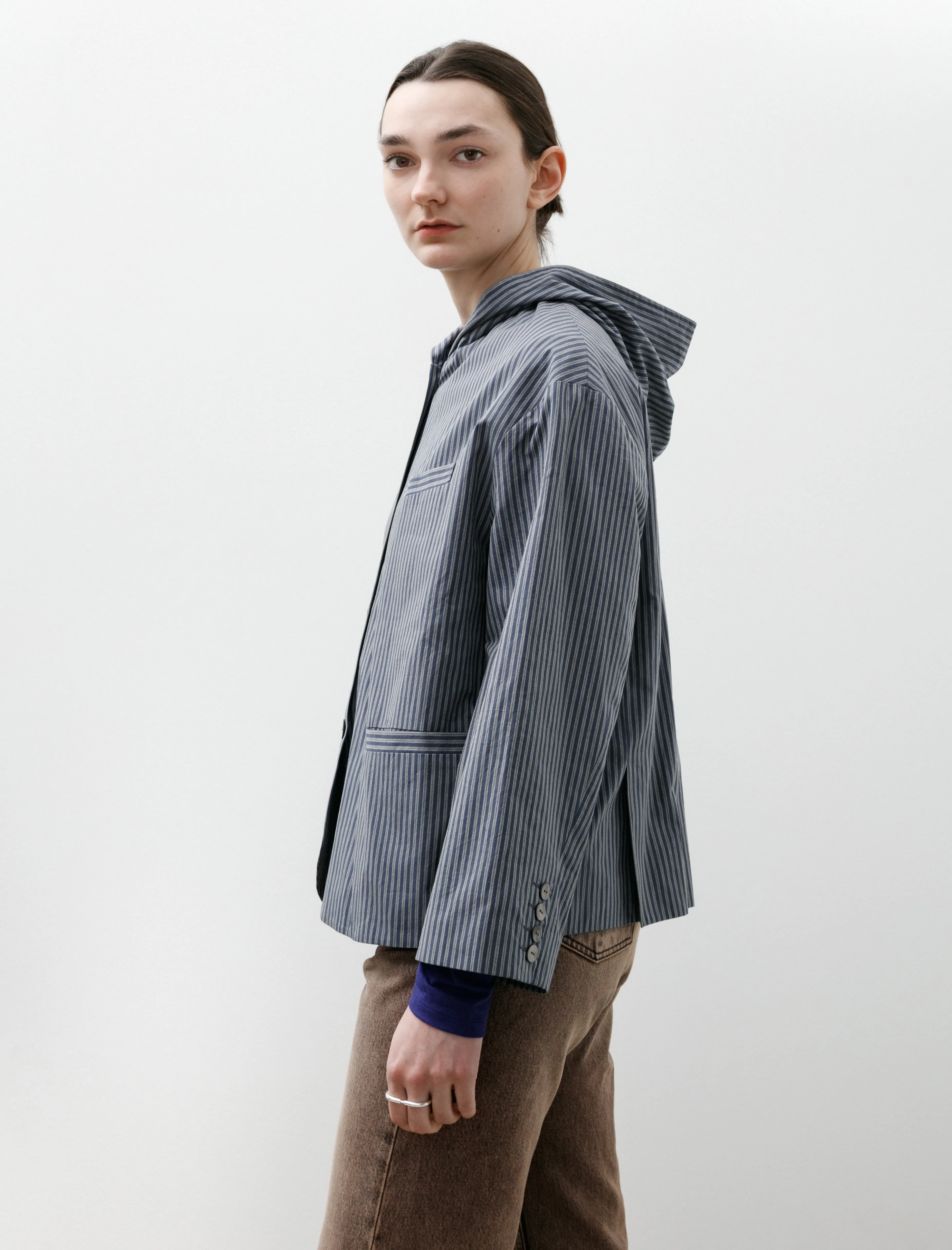 Japanese Typewriter Cotton Rory Hooded Shirt Navy/Camel Stripe sold by SHOP NEIGHBOR product image thumbnail 3