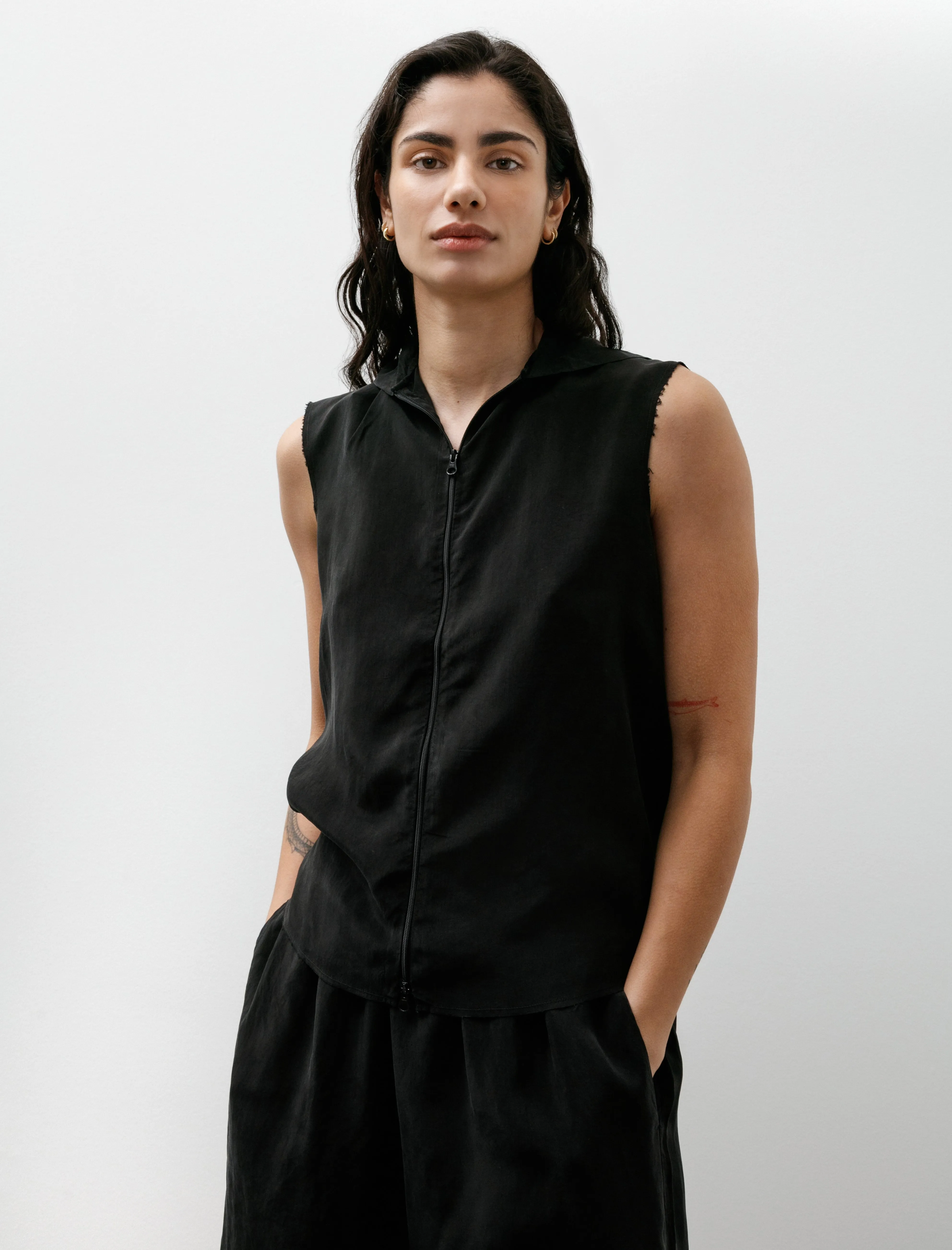No.335 Cupro Sleeveless Hooded Zipper Top Black sold by SHOP NEIGHBOR