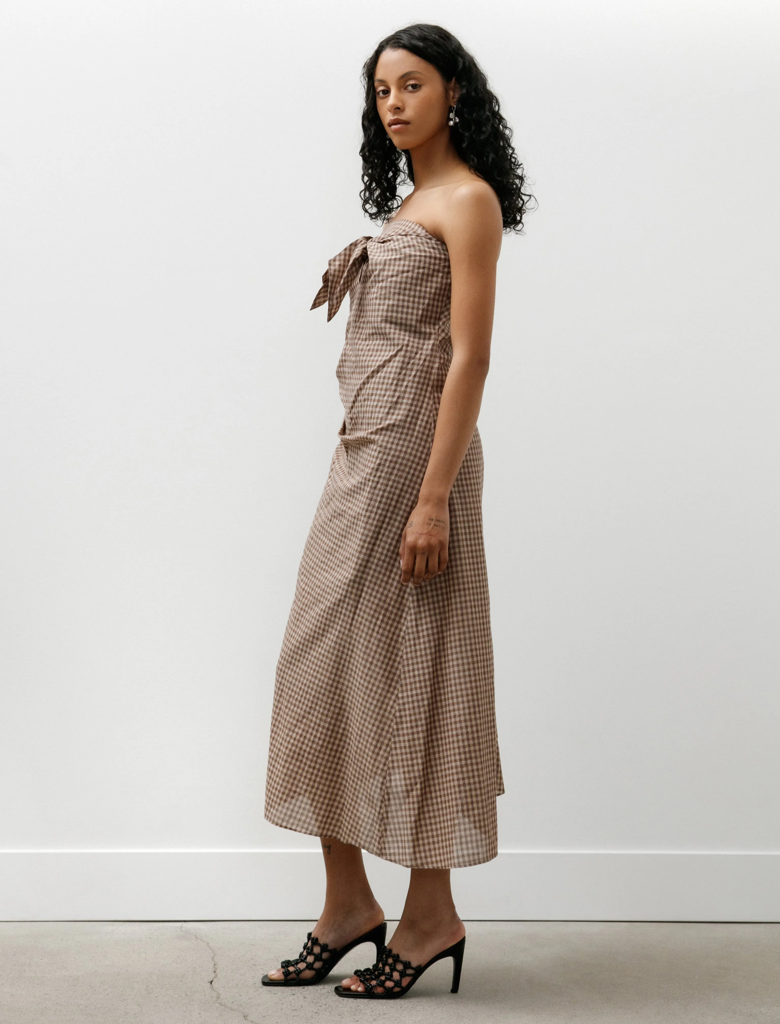 Airy Light Cotton Check Strapless Dress Brown Gingham Check sold by SHOP NEIGHBOR product image thumbnail 2