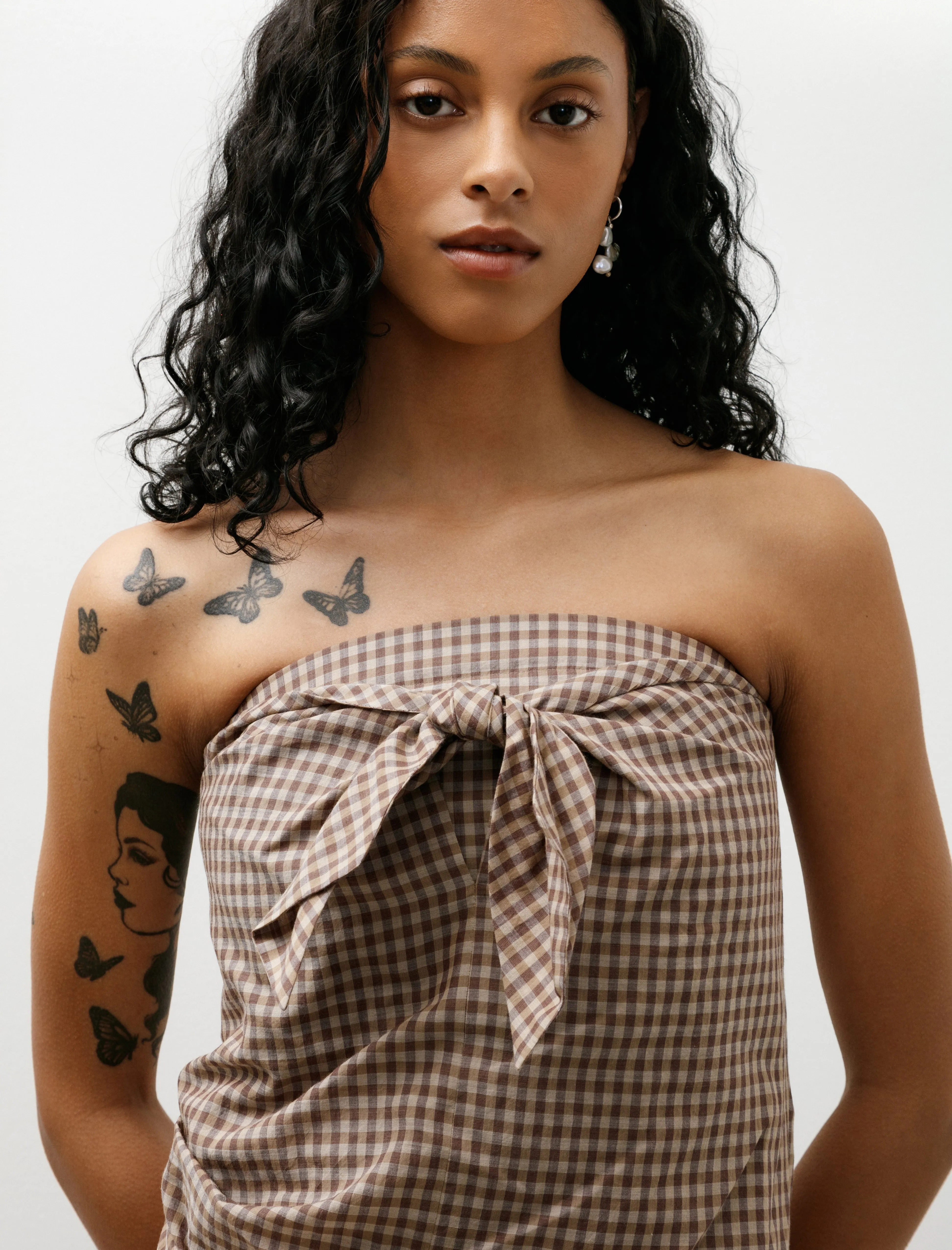 Airy Light Cotton Check Strapless Dress Brown Gingham Check sold by SHOP NEIGHBOR product image thumbnail 4
