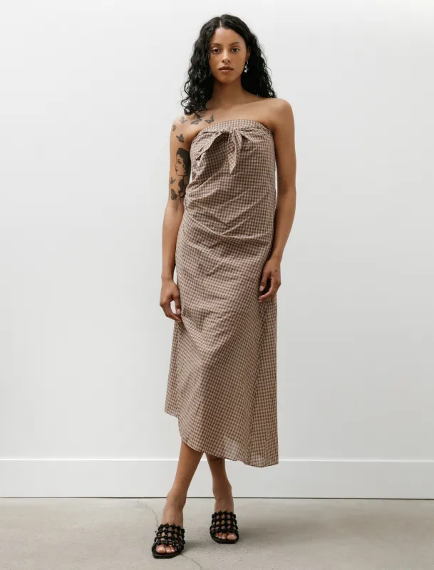 Airy Light Cotton Check Strapless Dress Brown Gingham Check made by SHOP NEIGHBOR