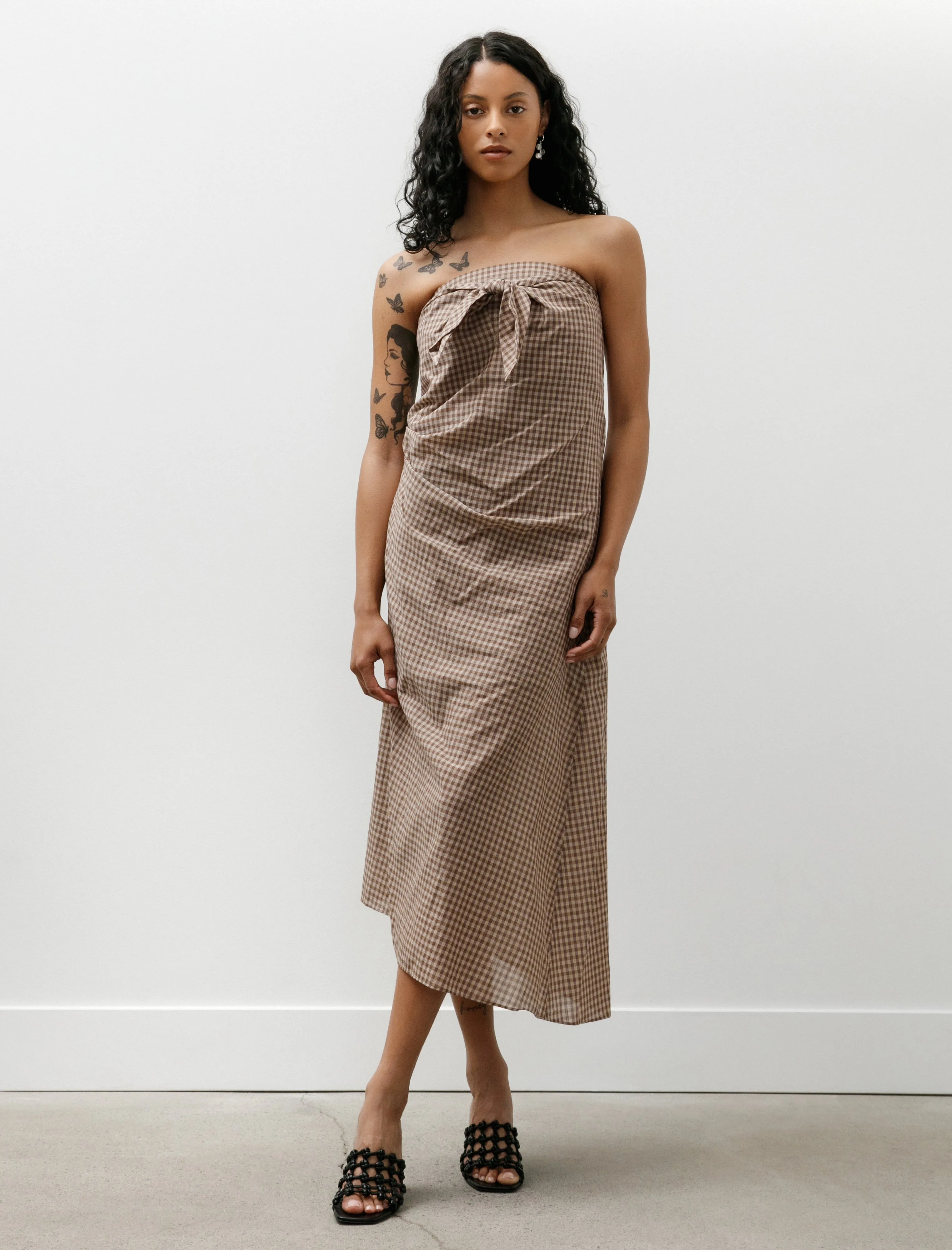 Airy Light Cotton Check Strapless Dress Brown Gingham Check sold by SHOP NEIGHBOR