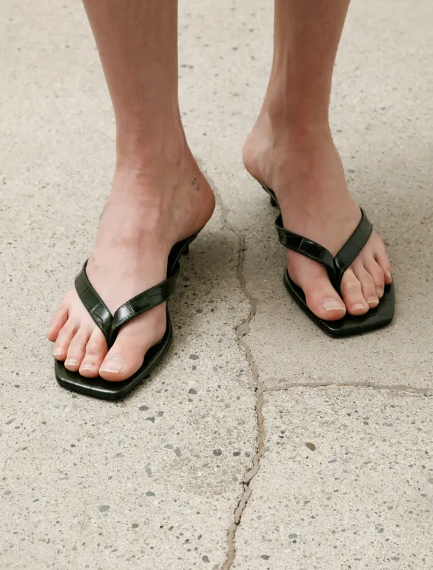 Croco Embossed Heeled Flip Flops Dark Green made by SHOP NEIGHBOR