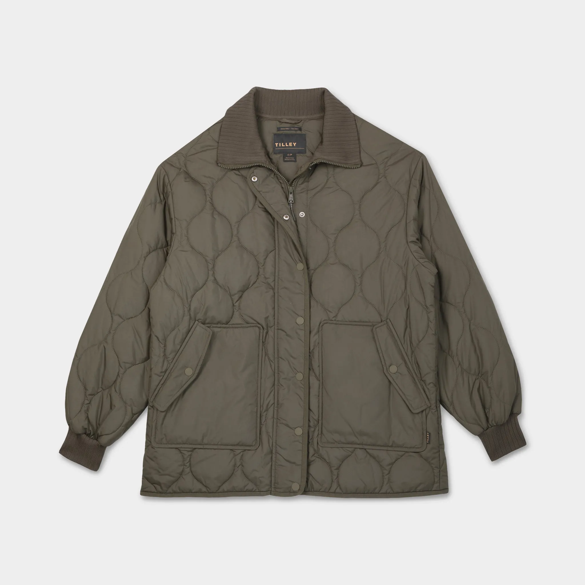 Rib Collar Quilted Coat sold by TILLEY