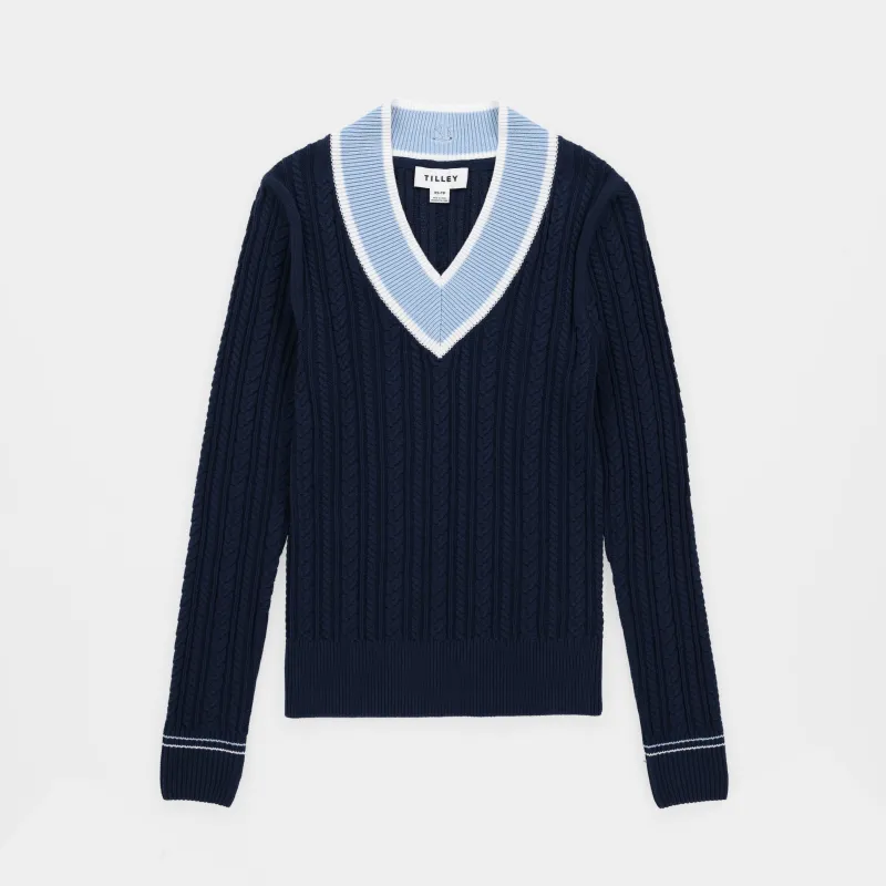 V Neck Cable Sweater sold by TILLEY