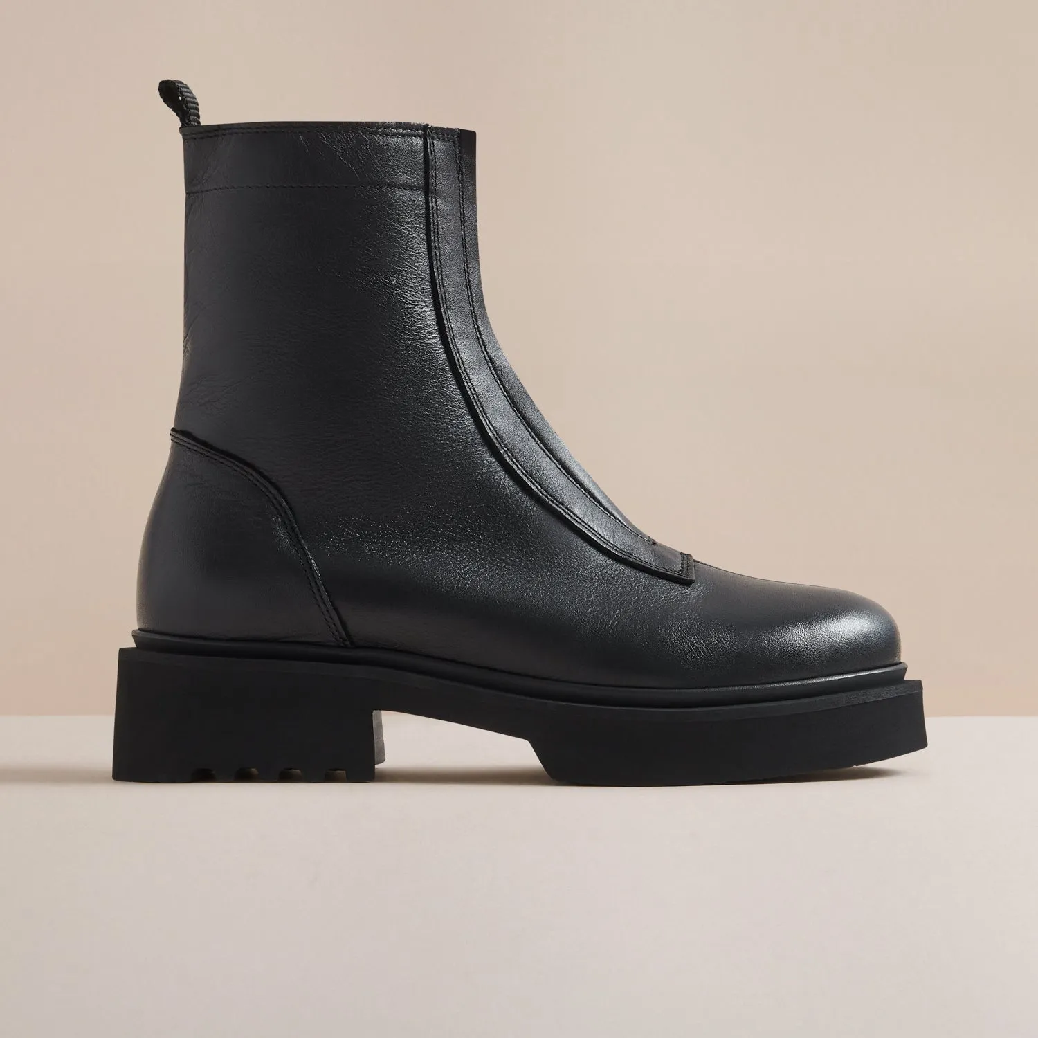 AMBER BLACK LEATHER ZIP BOOT sold by Hudson Shoes