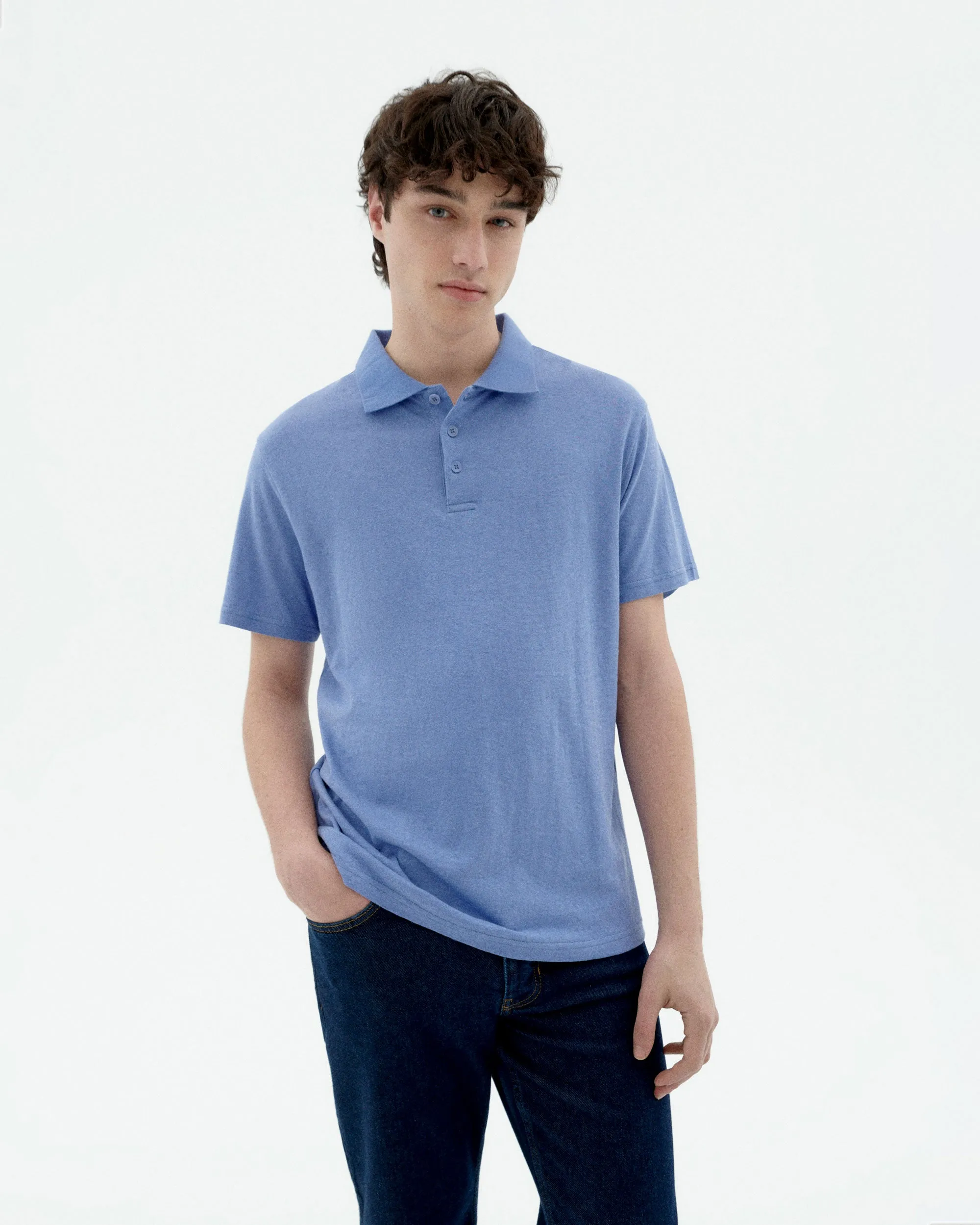 Polo azul claro hemp sold by Thinking Mu