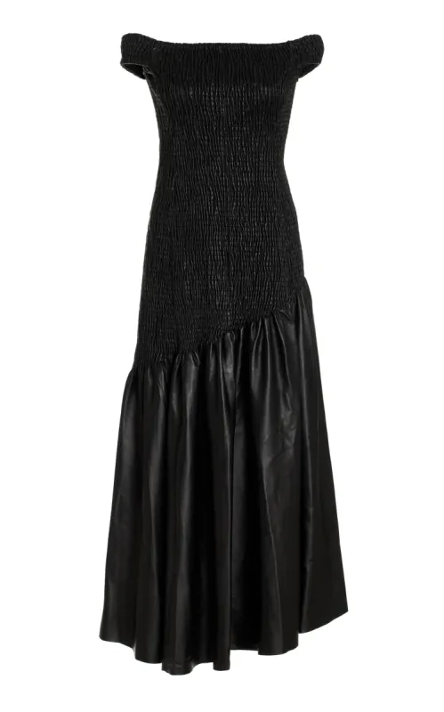 Veloso Shirred Dress in Black Nappa Leather sold by Gabriela Hearst