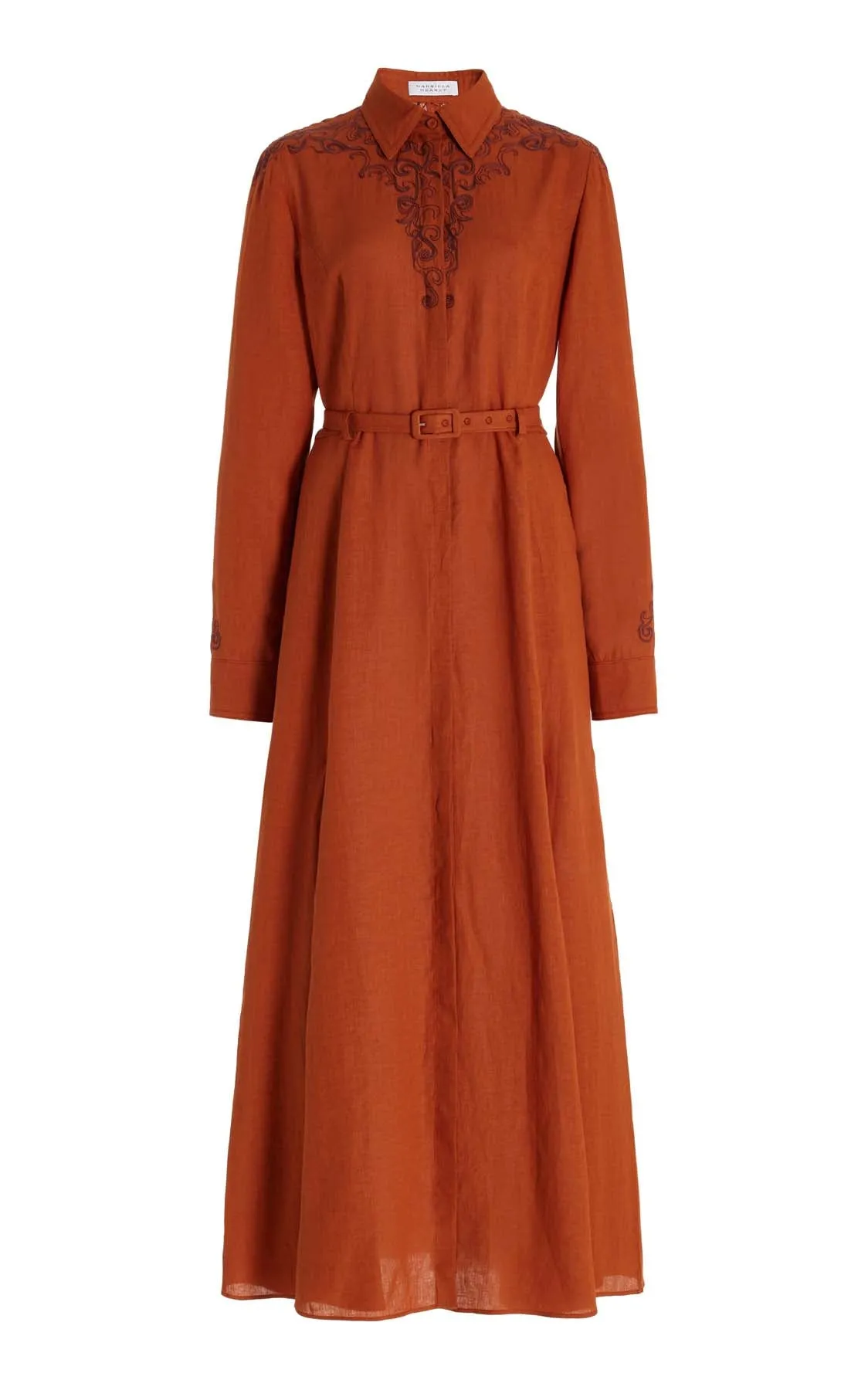 Mcgraw Embroidered Shirtdress in Red Clay Aloe Linen sold by Gabriela Hearst