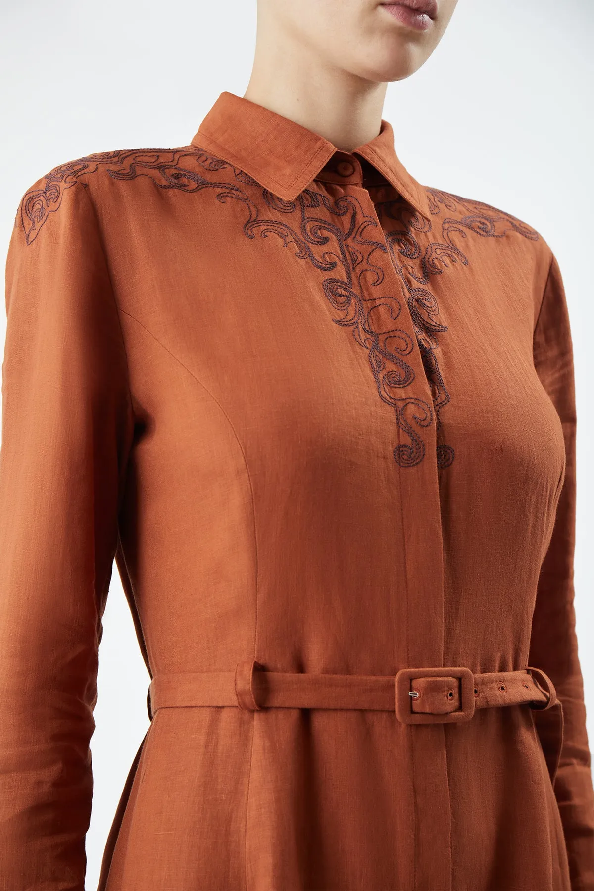 Mcgraw Embroidered Shirtdress in Red Clay Aloe Linen sold by Gabriela Hearst product image thumbnail 5